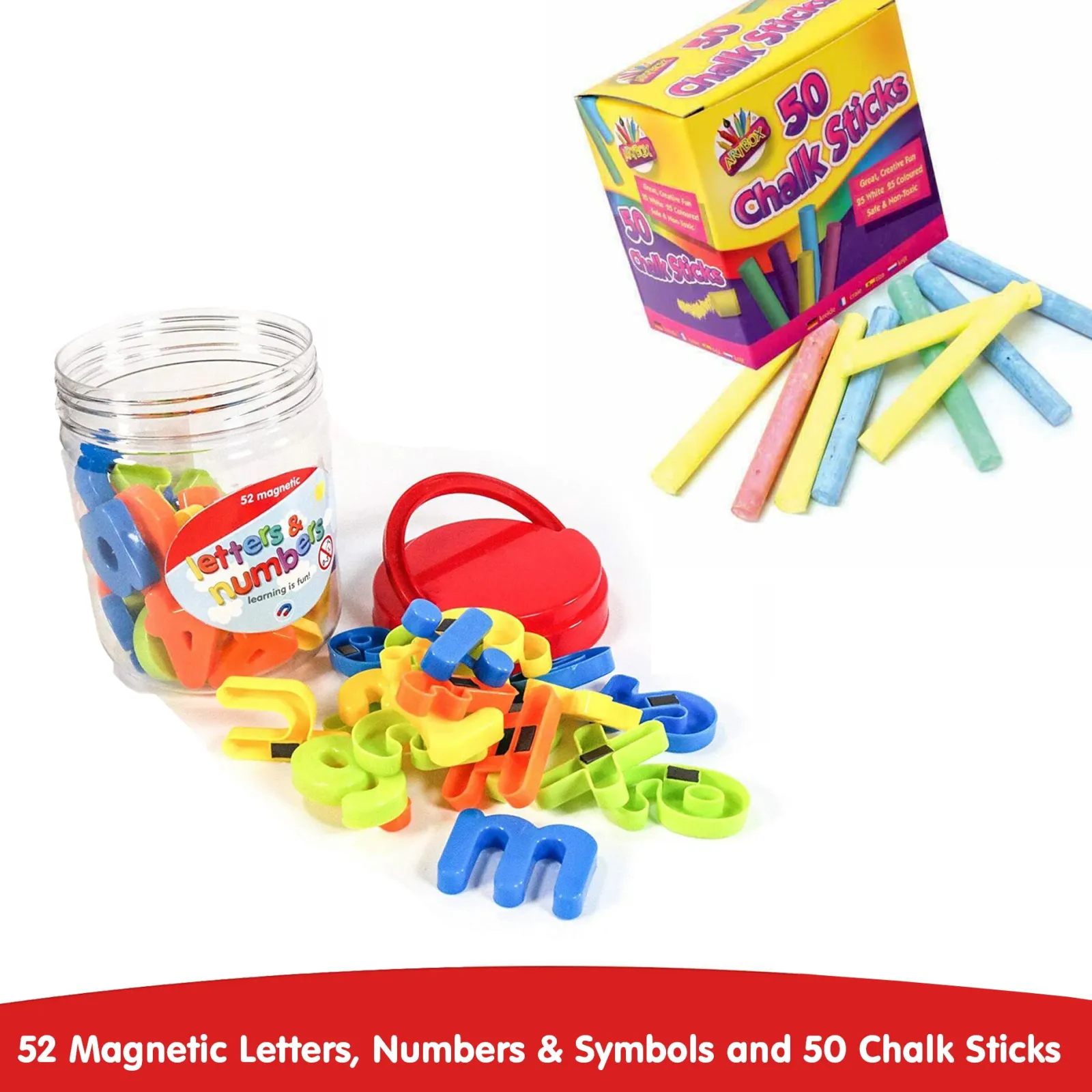 Kinder Little Helper Aktivitätspaket „Kleiner Helfer“ | 52 Stück magnetische Buchstaben und Zahlen | 50 Stück mehrfarbige Kreiden