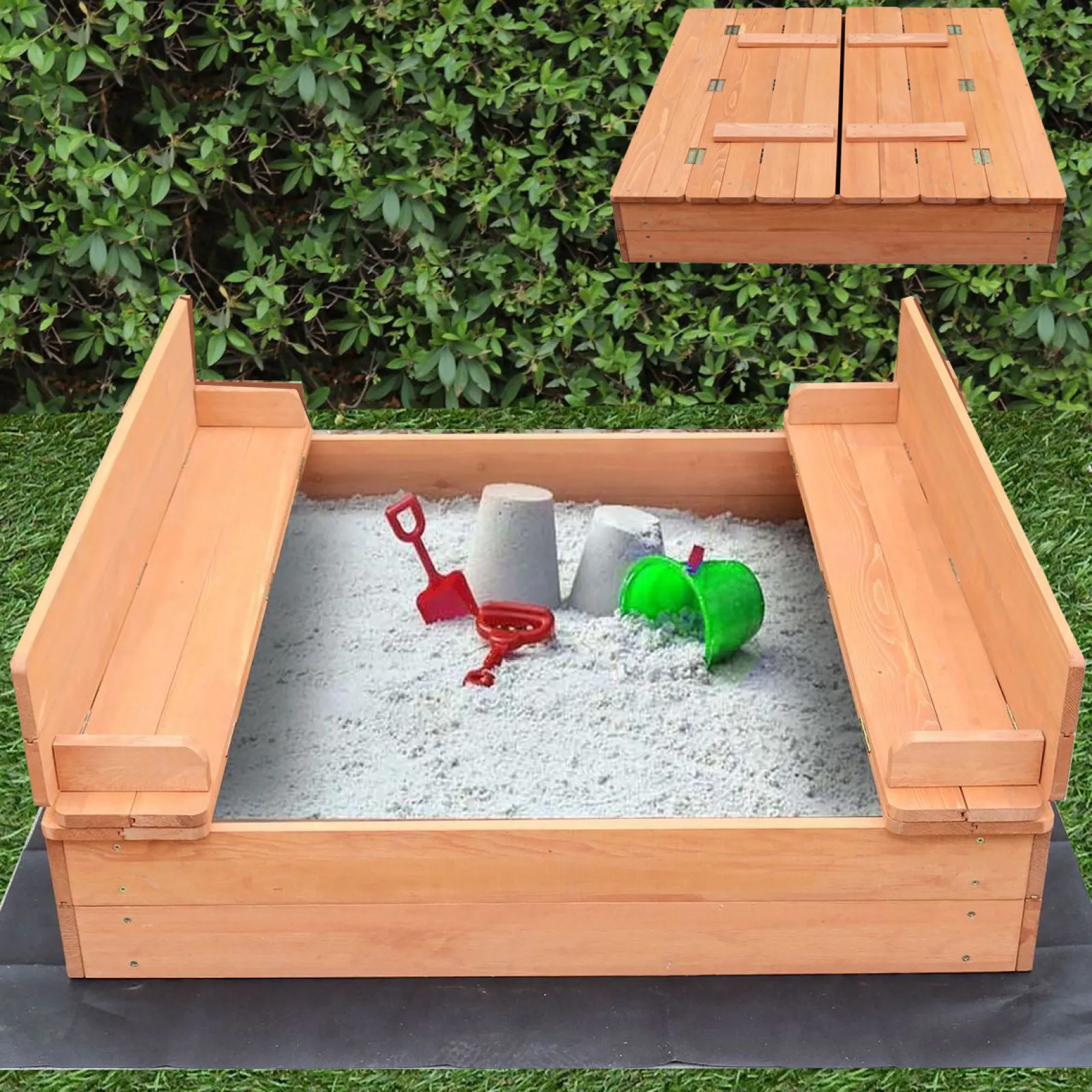Little Helper Allergikerfreundlicher Sandkasten aus Naturholz für Kinder mit Deckel und Sitzen | Outdoor-Sandkasten für Kinder | Optionale wasserdichte Abdeckung | 97 x 97 x 20 cm