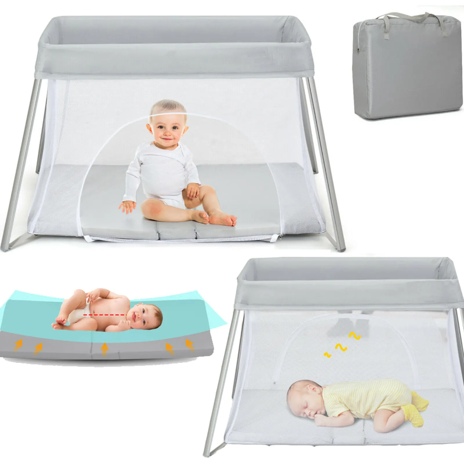 Kinder Little Helper Atmungsaktives 2-in-1-Reisebett-Laufgitter mit Wirbelsäulenstützender Matratze und Tragetasche | Tragbares Kinderbett | Grau