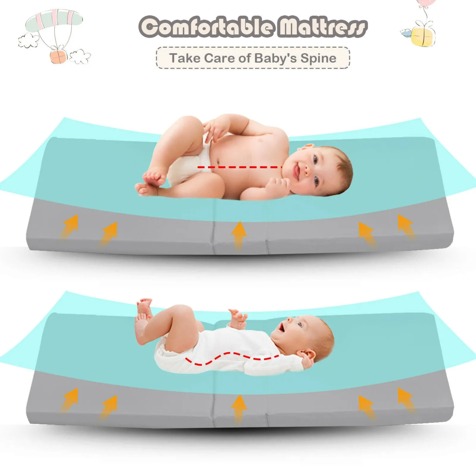 Kinder Little Helper Atmungsaktives 2-in-1-Reisebett-Laufgitter mit Wirbelsäulenstützender Matratze und Tragetasche | Tragbares Kinderbett | Grau