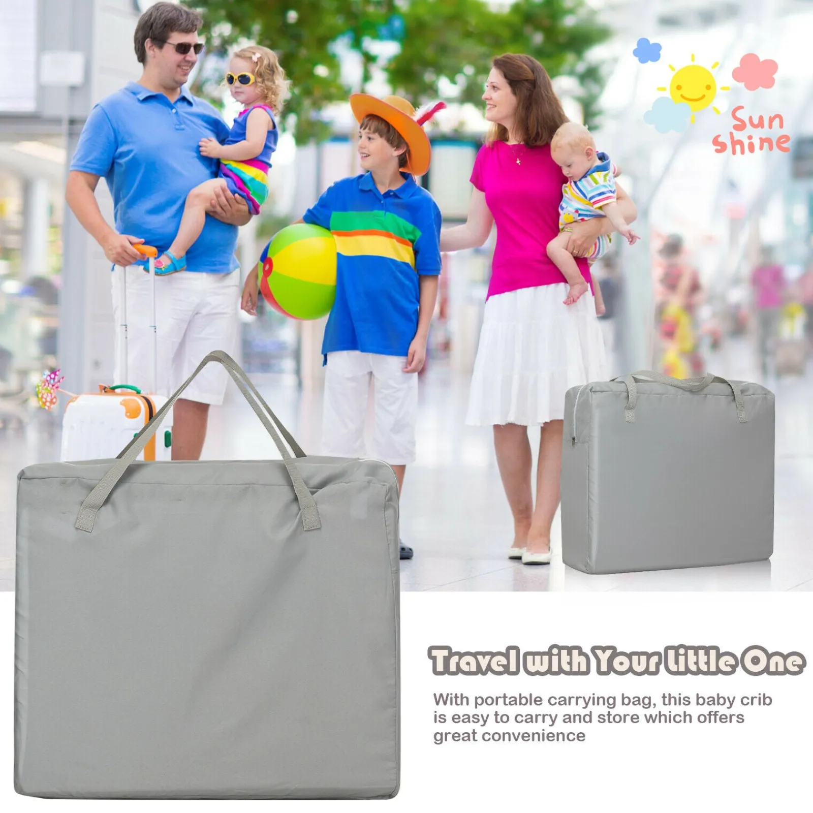 Kinder Little Helper Atmungsaktives 2-in-1-Reisebett-Laufgitter mit Wirbelsäulenstützender Matratze und Tragetasche | Tragbares Kinderbett | Grau