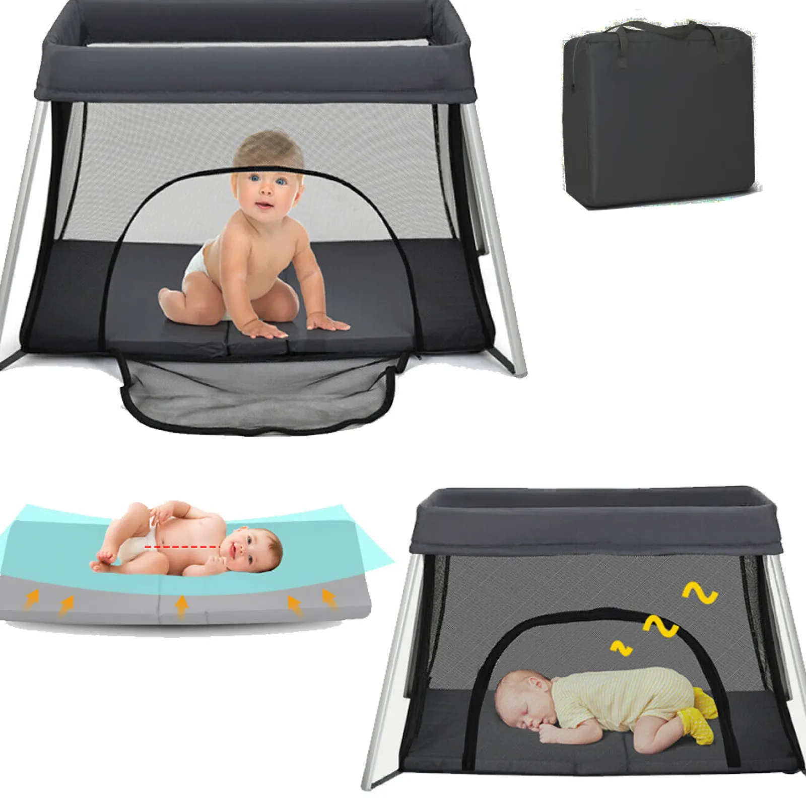 Kinder Little Helper Atmungsaktives 2-in-1-Reisebett-Laufgitter mit Wirbelsäulenstützender Matratze und Tragetasche | Tragbares Kinderbett | Schwarz