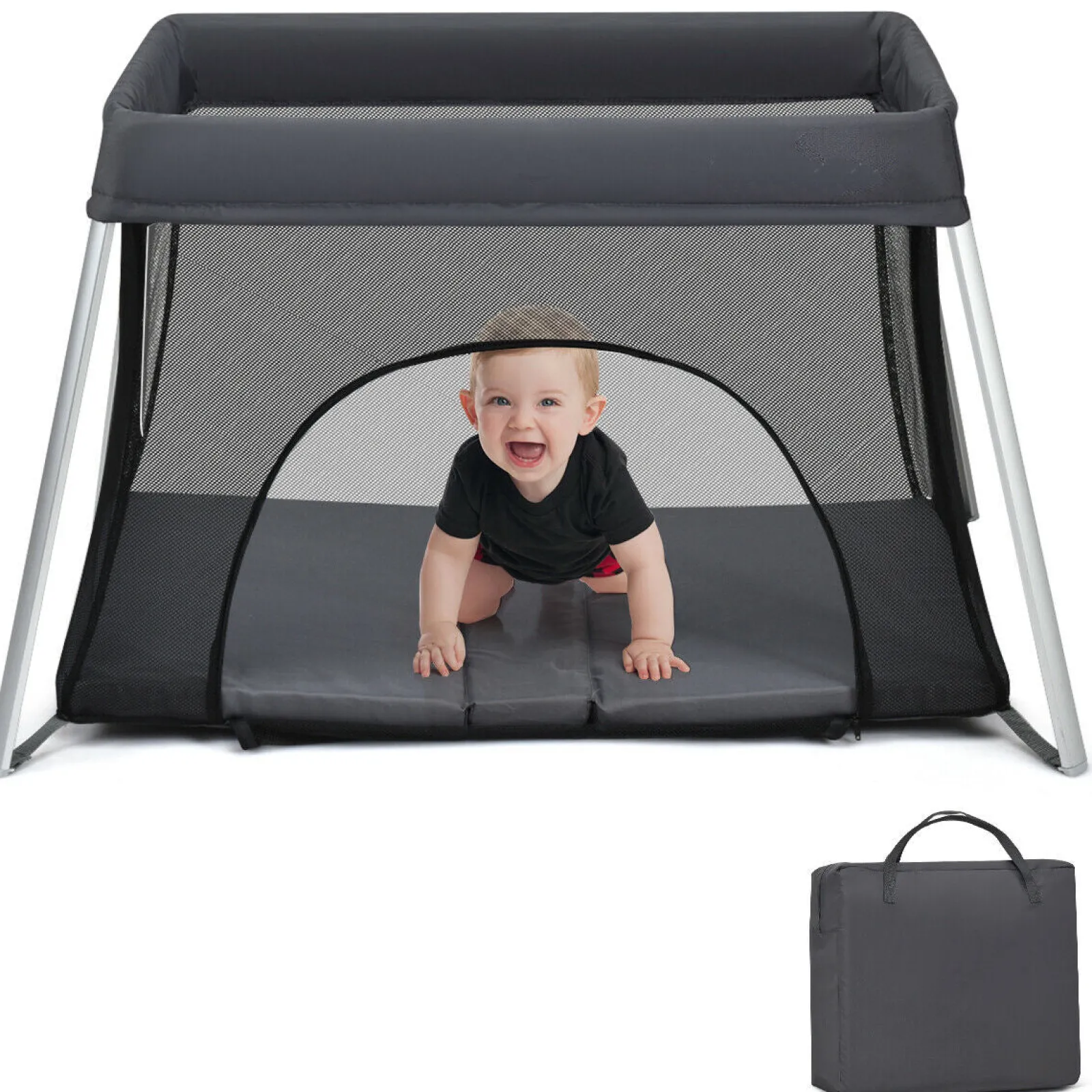 Kinder Little Helper Atmungsaktives 2-in-1-Reisebett-Laufgitter mit Wirbelsäulenstützender Matratze und Tragetasche | Tragbares Kinderbett | Schwarz