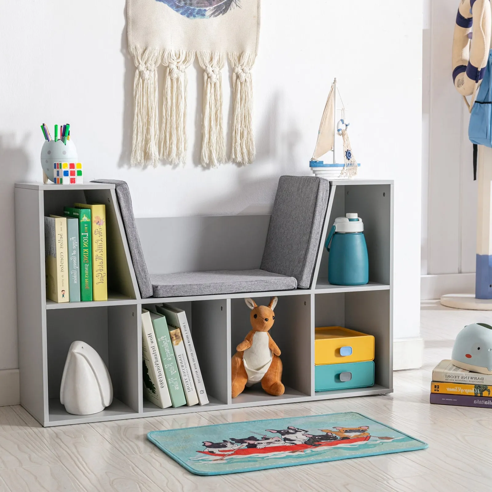 Kinder Little Helper Bücherregal für Kinder | Aufbewahrungseinheit für Spielzeug | Lesesitz für Kinder | Grau mit grau gepolstertem Sitz