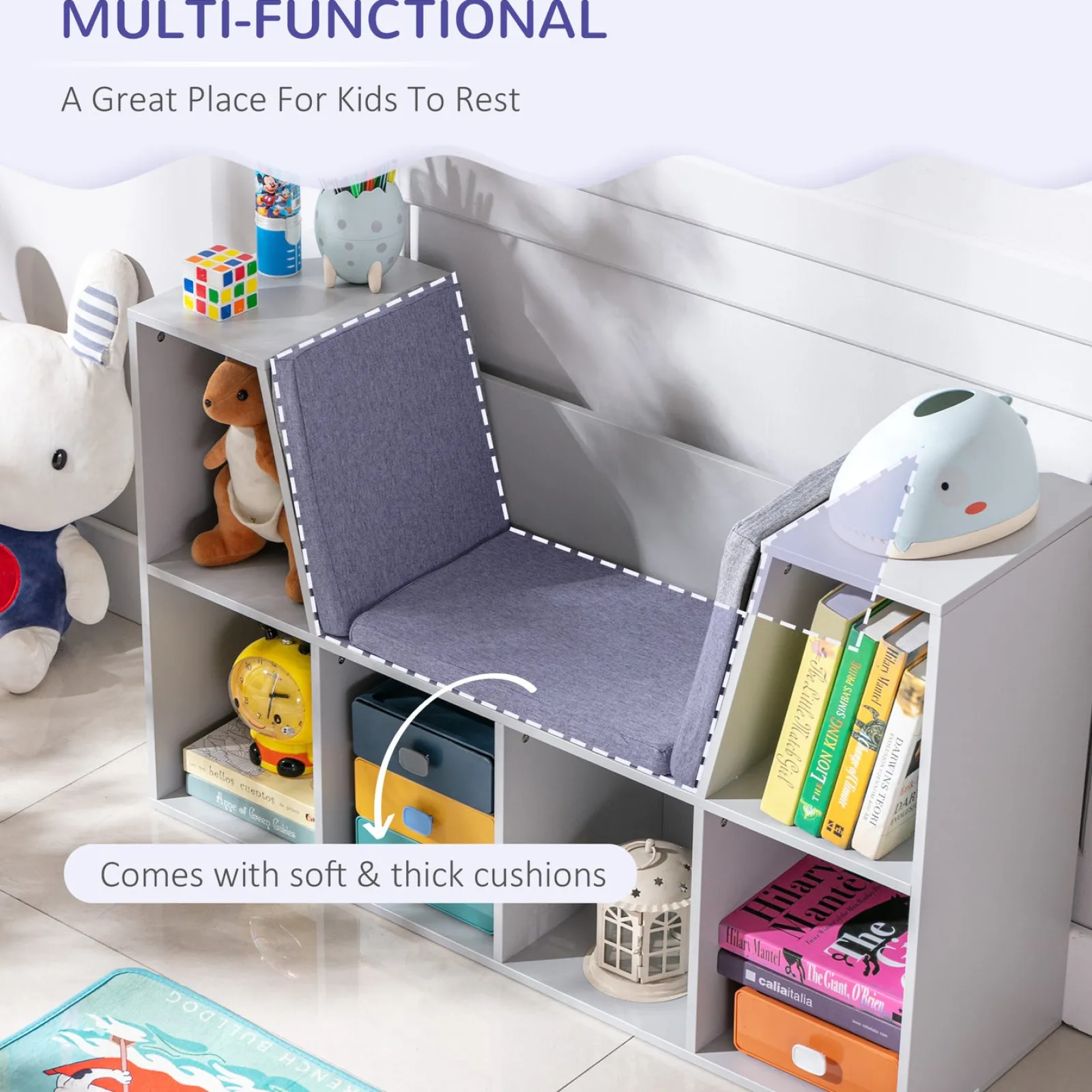Kinder Little Helper Bücherregal für Kinder | Aufbewahrungseinheit für Spielzeug | Lesesitz für Kinder | Grau mit grau gepolstertem Sitz