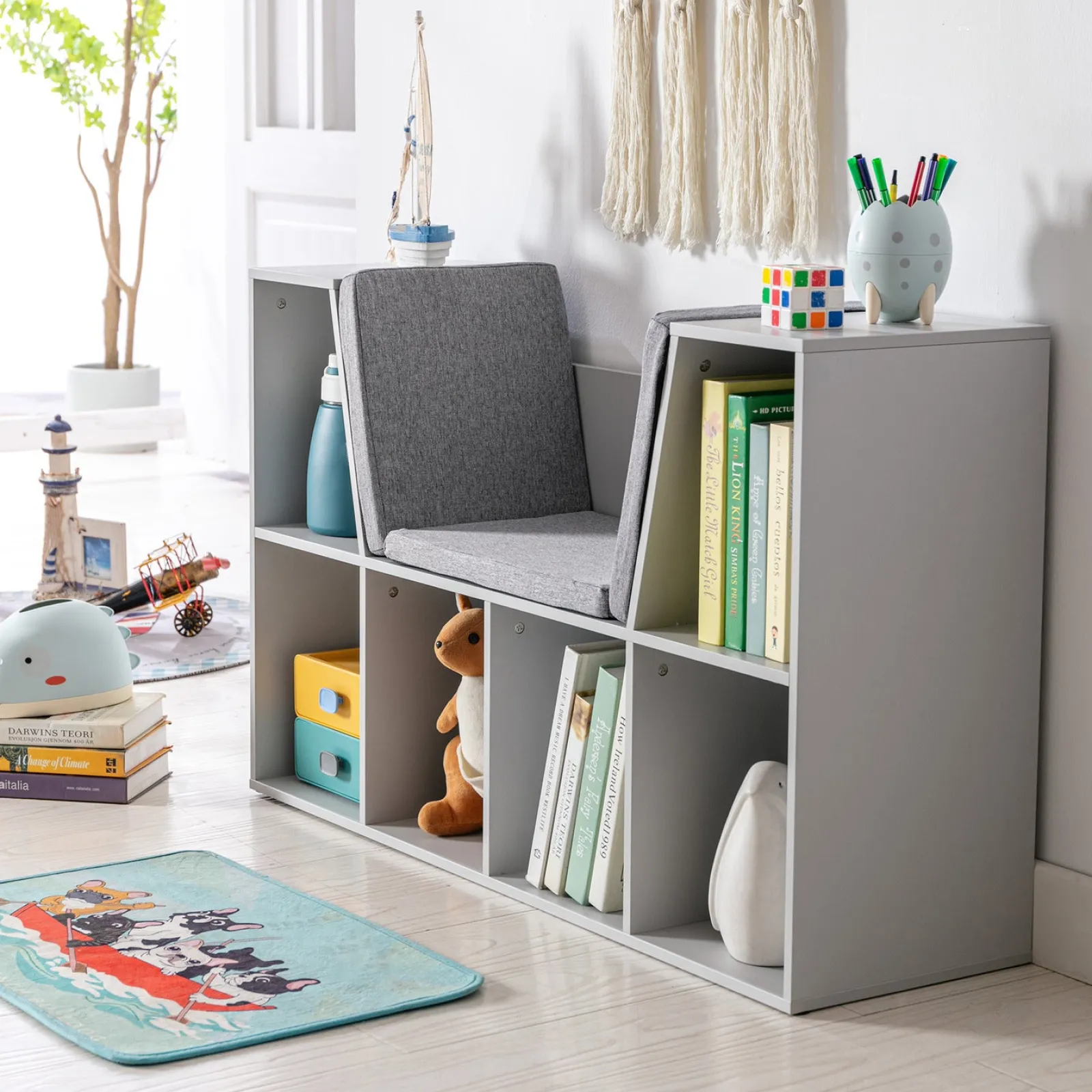 Kinder Little Helper Bücherregal für Kinder | Aufbewahrungseinheit für Spielzeug | Lesesitz für Kinder | Grau mit grau gepolstertem Sitz