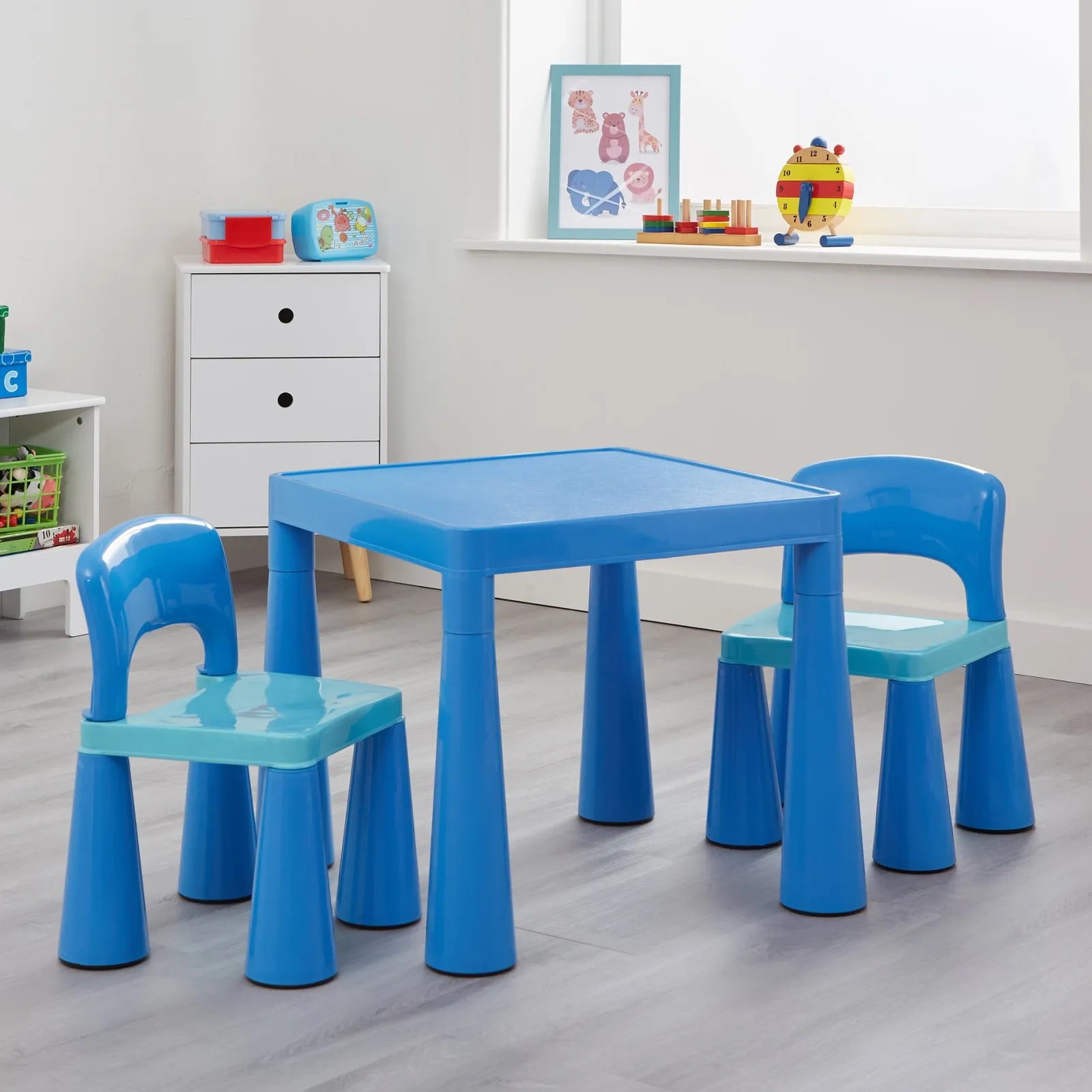 Kinder Little Helper Chunky & Funky Kunststoff für Kinder | Kinder-Aktivitätstisch und 2 Stühle im Set | Blau