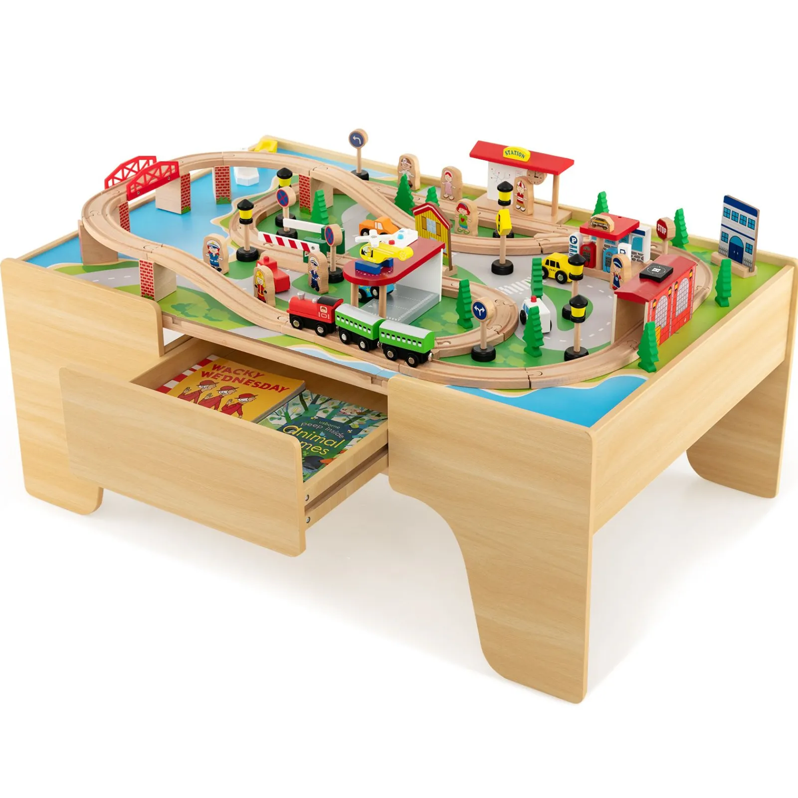 Kinder Little Helper Deluxe großes Montessori 2-in-1 Holzeisenbahn-Set und Tisch | 84-teiliges Zugset