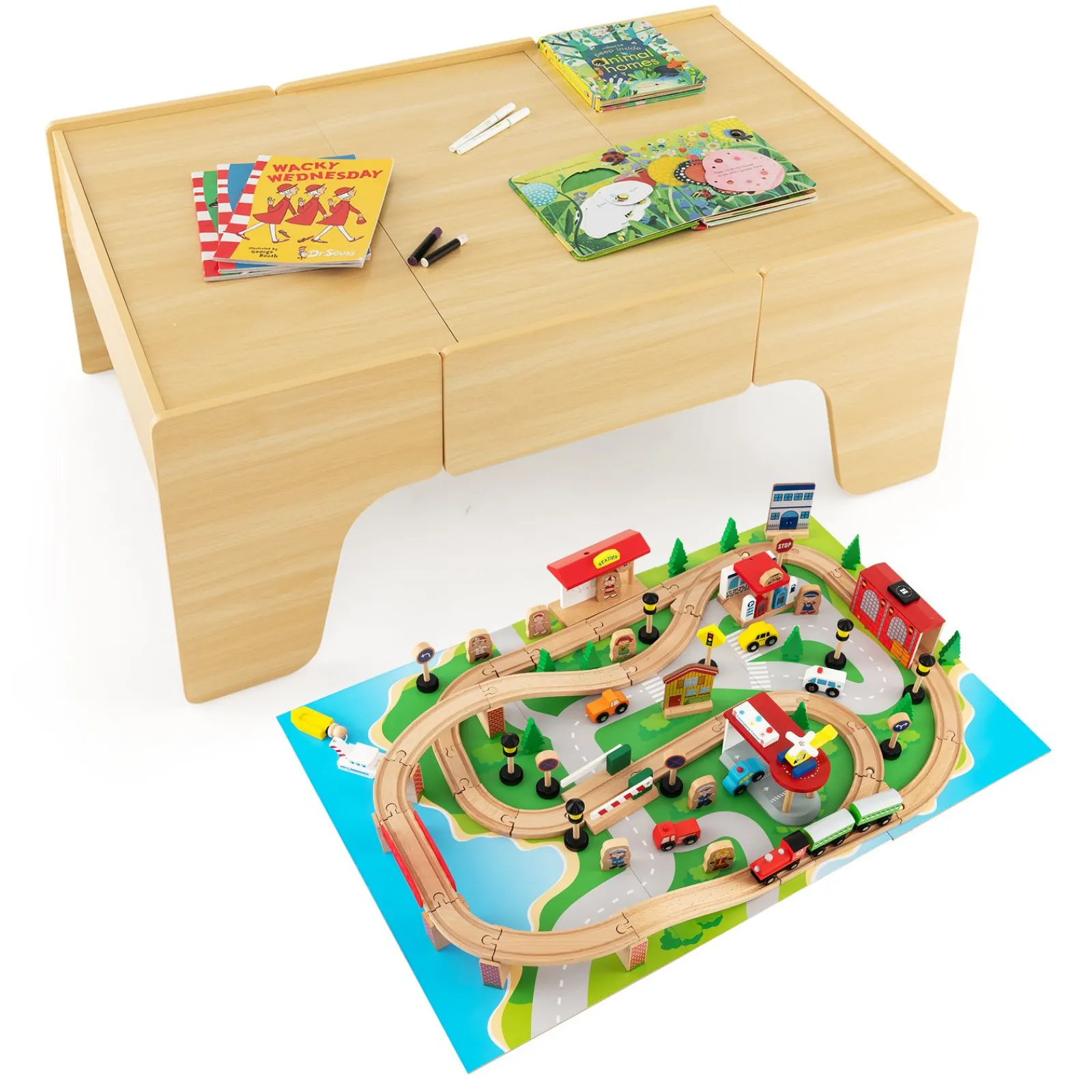 Kinder Little Helper Deluxe großes Montessori 2-in-1 Holzeisenbahn-Set und Tisch | 84-teiliges Zugset