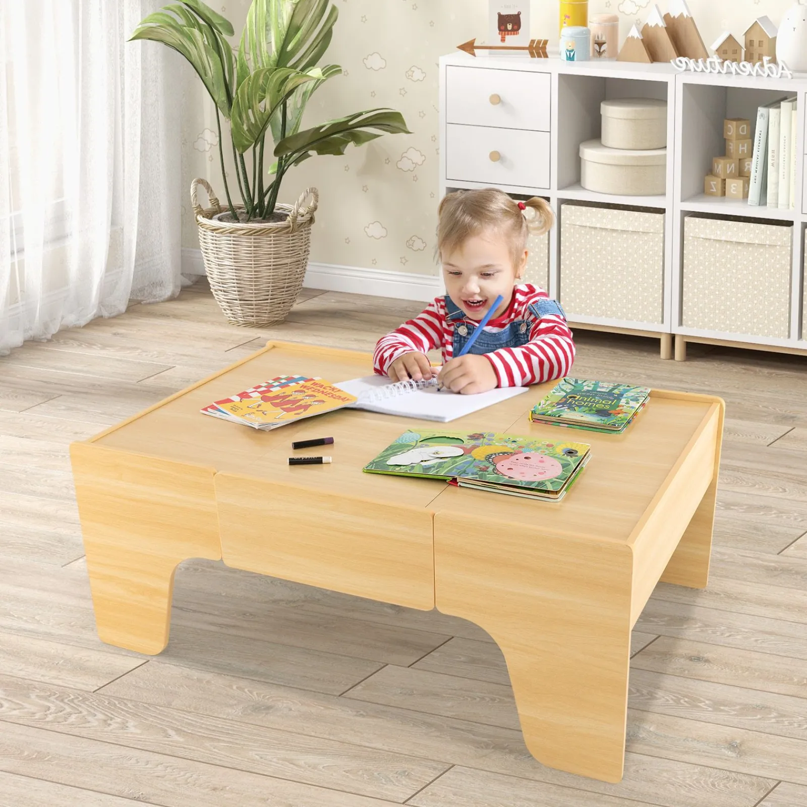 Kinder Little Helper Deluxe großes Montessori 2-in-1 Holzeisenbahn-Set und Tisch | 84-teiliges Zugset
