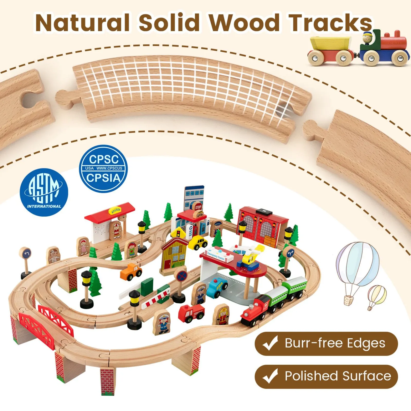 Kinder Little Helper Deluxe großes Montessori 2-in-1 Holzeisenbahn-Set und Tisch | 84-teiliges Zugset