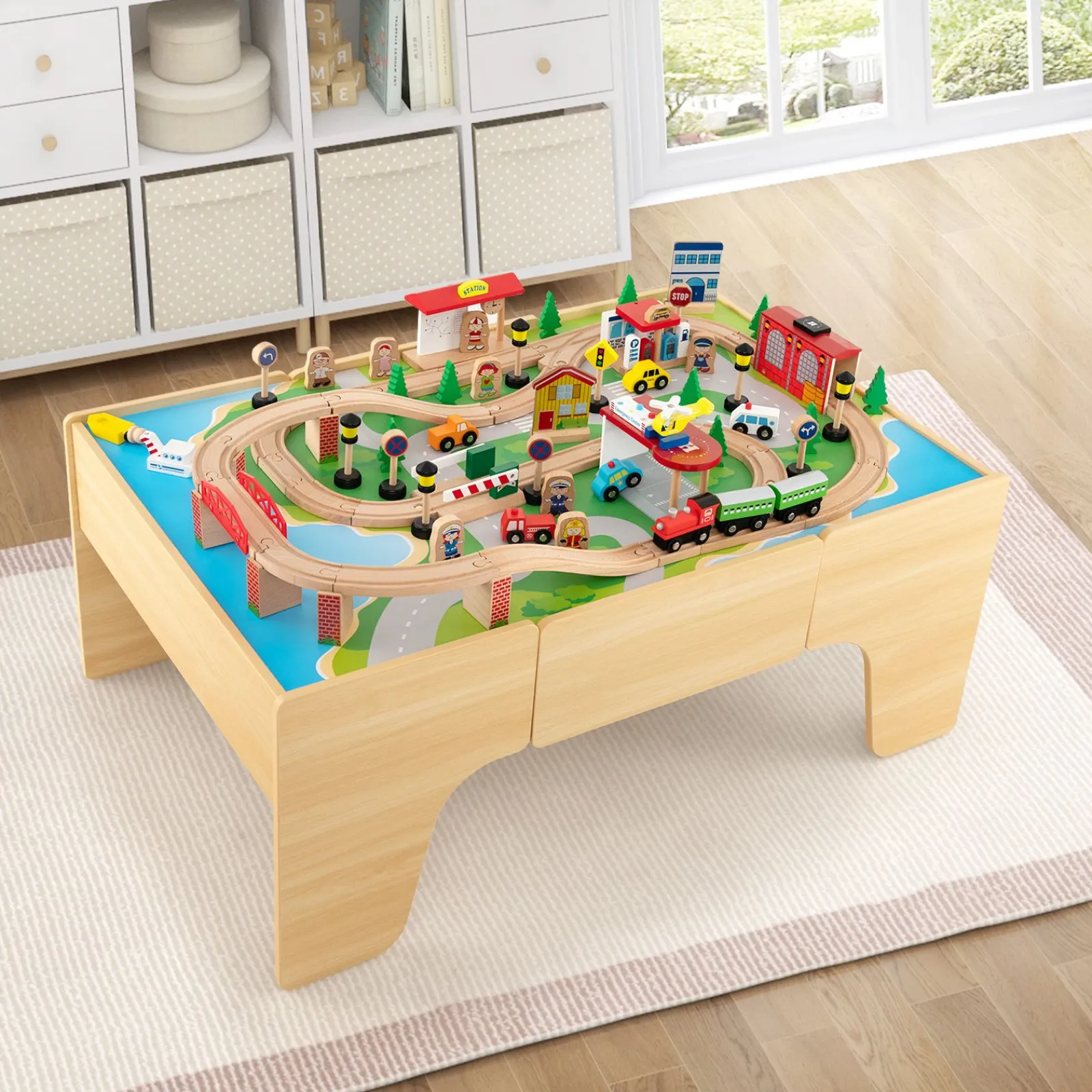 Kinder Little Helper Deluxe großes Montessori 2-in-1 Holzeisenbahn-Set und Tisch | 84-teiliges Zugset