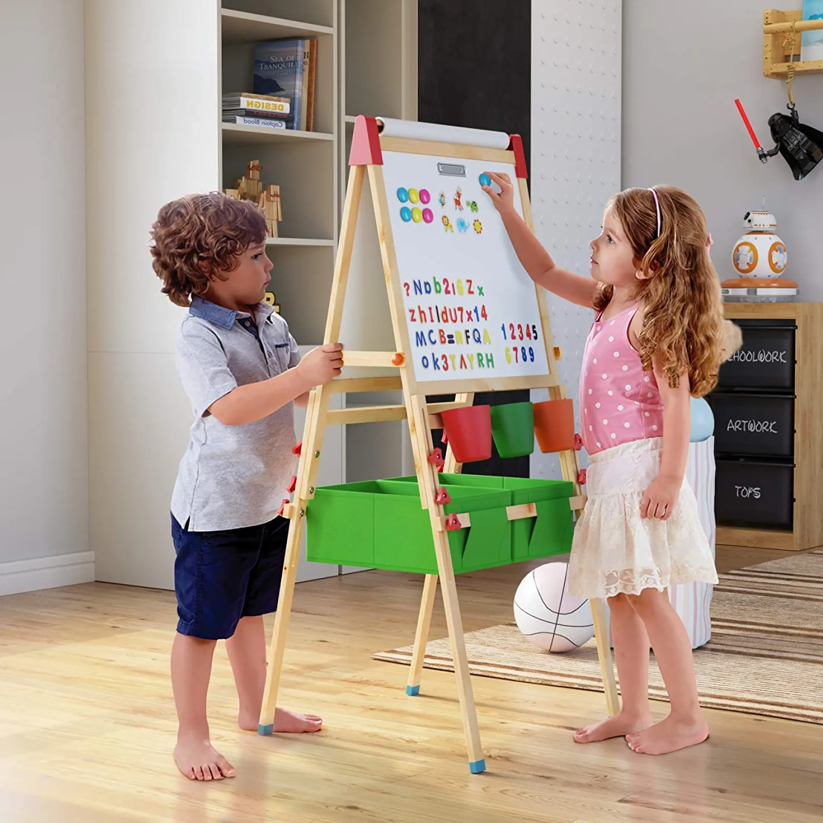 Kinder Little Helper Deluxe höhenverstellbare Kinderstaffelei aus Öko-Kiefernholz | Magnetische Tafel mit 30-teiligem Zubehörset | Aufbewahrung | 3–10 Jahre