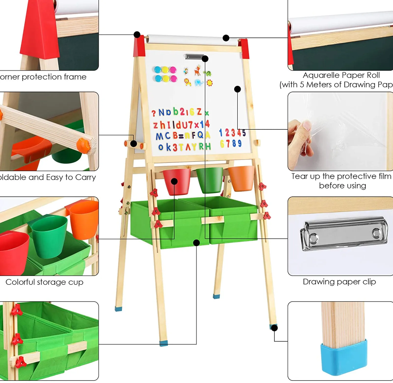 Kinder Little Helper Deluxe höhenverstellbare Kinderstaffelei aus Öko-Kiefernholz | Magnetische Tafel mit 30-teiligem Zubehörset | Aufbewahrung | 3–10 Jahre