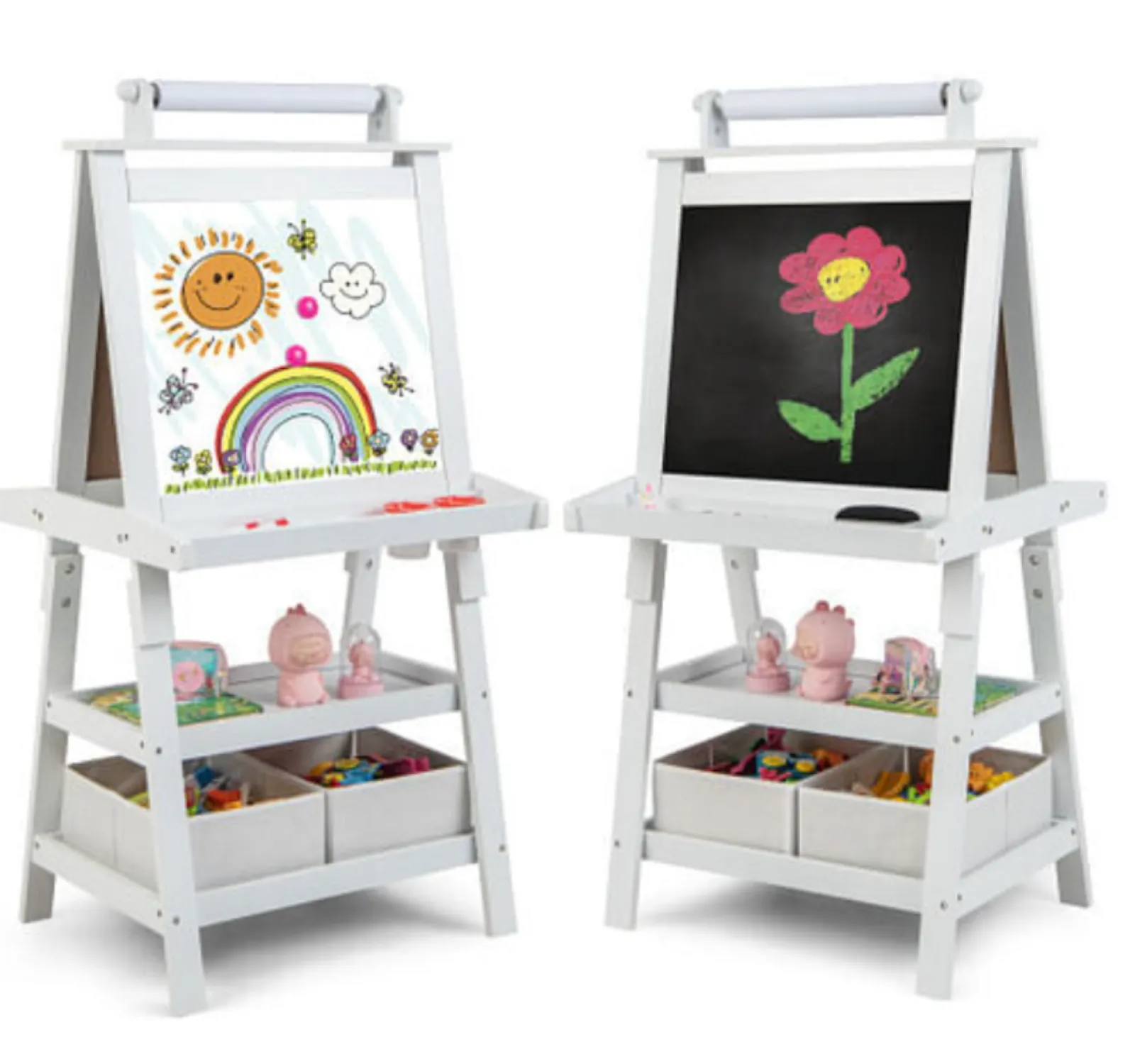 Kinder Little Helper Deluxe Öko-Staffelei | Doppelseitige Whiteboard- und Kreidetafel-Malstaffelei mit Papierrolle | 2 Aufbewahrungsboxen | Weiß