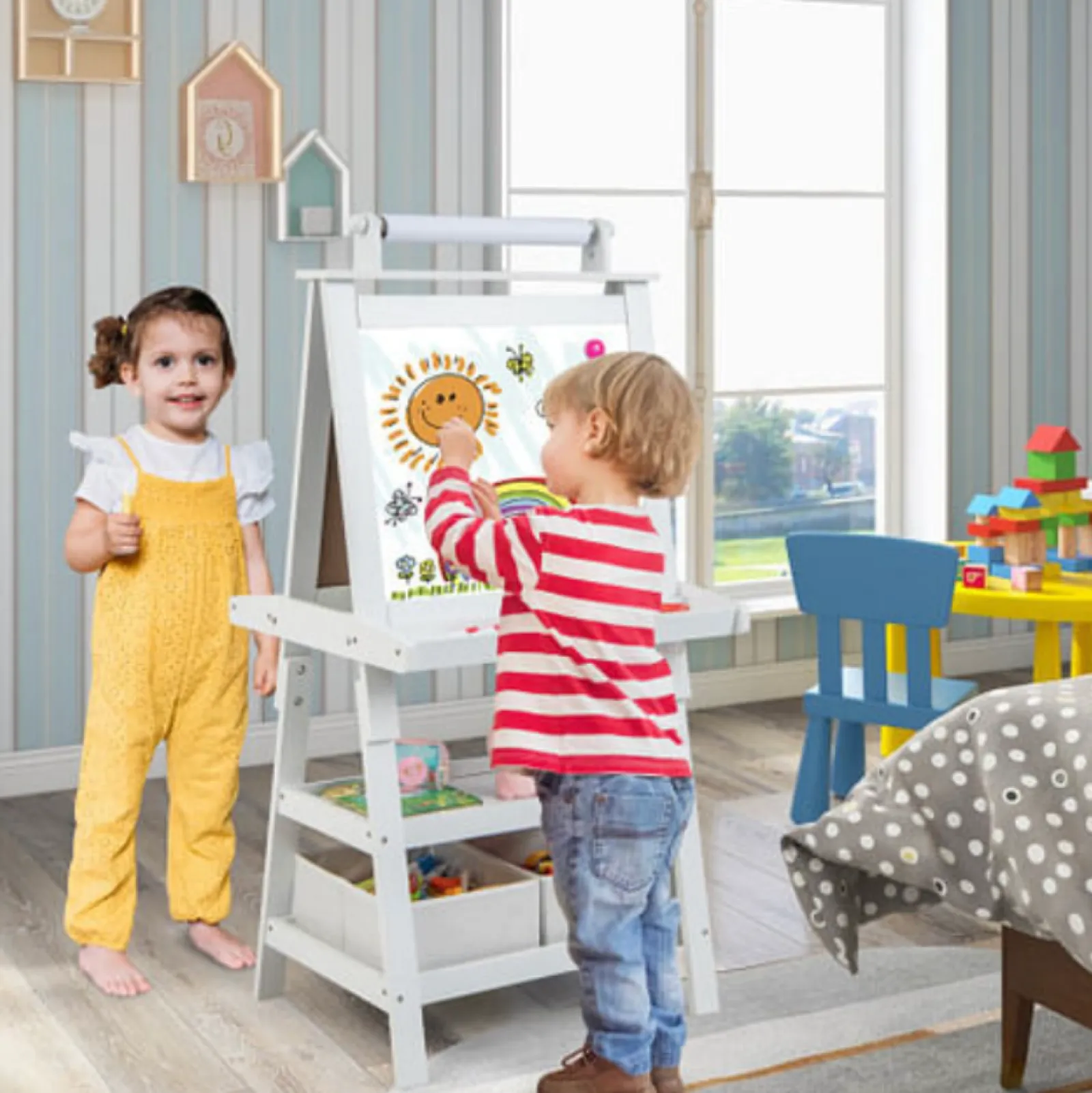 Kinder Little Helper Deluxe Öko-Staffelei | Doppelseitige Whiteboard- und Kreidetafel-Malstaffelei mit Papierrolle | 2 Aufbewahrungsboxen | Weiß