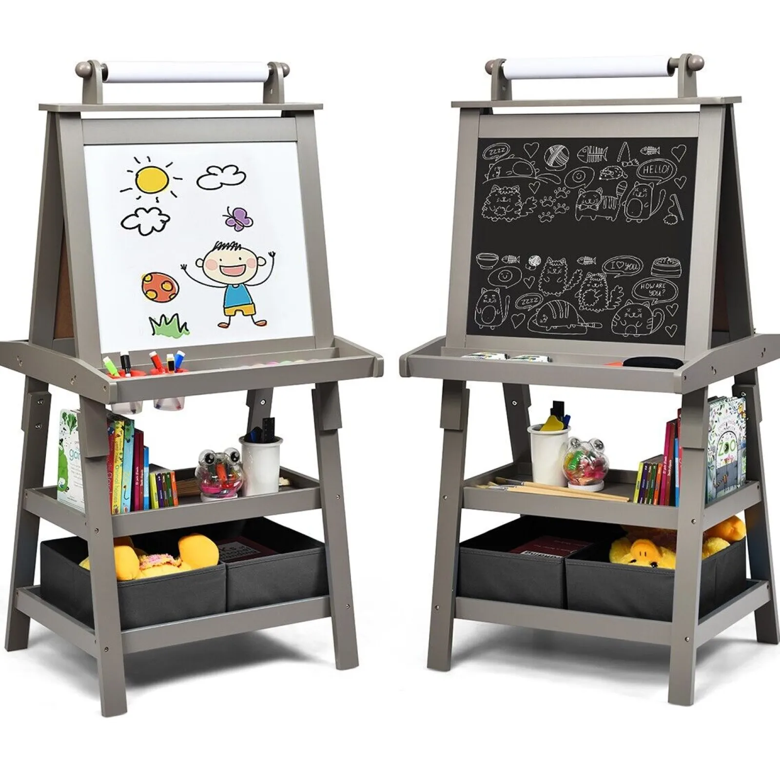Kinder Little Helper Deluxe Öko-Staffelei | Doppelseitige Whiteboard- und Tafel-Malstaffelei mit Papierrolle | 2 Aufbewahrungsboxen | Earl Grey