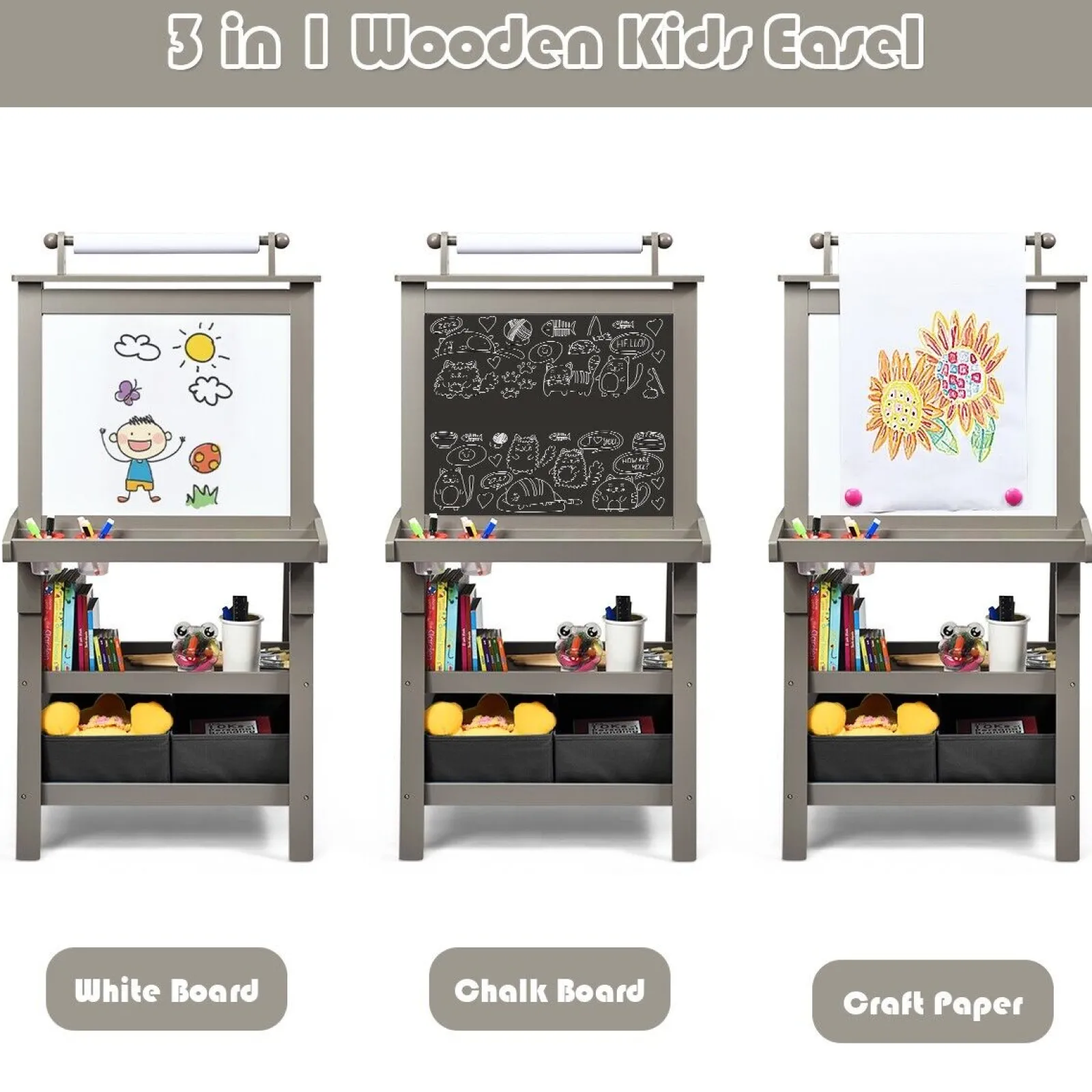 Kinder Little Helper Deluxe Öko-Staffelei | Doppelseitige Whiteboard- und Tafel-Malstaffelei mit Papierrolle | 2 Aufbewahrungsboxen | Earl Grey