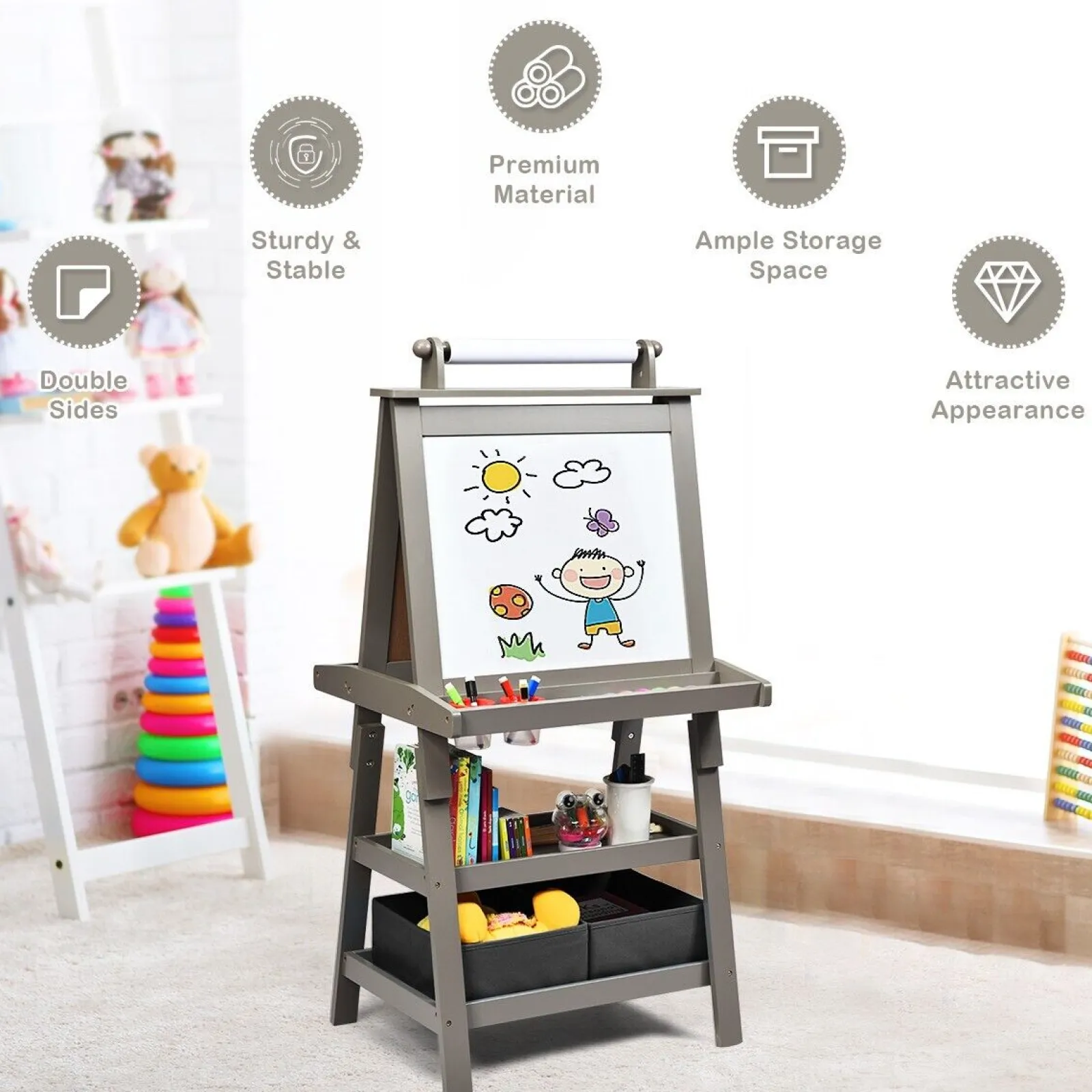 Kinder Little Helper Deluxe Öko-Staffelei | Doppelseitige Whiteboard- und Tafel-Malstaffelei mit Papierrolle | 2 Aufbewahrungsboxen | Earl Grey