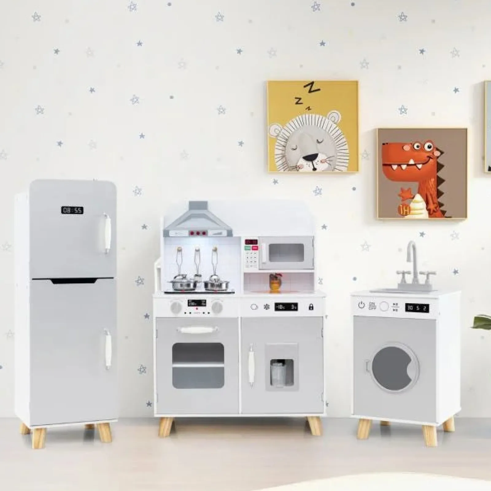 Little Helper Deluxe Montessori Modulare Holzspielzeugküche | Kühlschrank | Waschmaschine | Realistische Lichter Und Geräusche | Zubehör