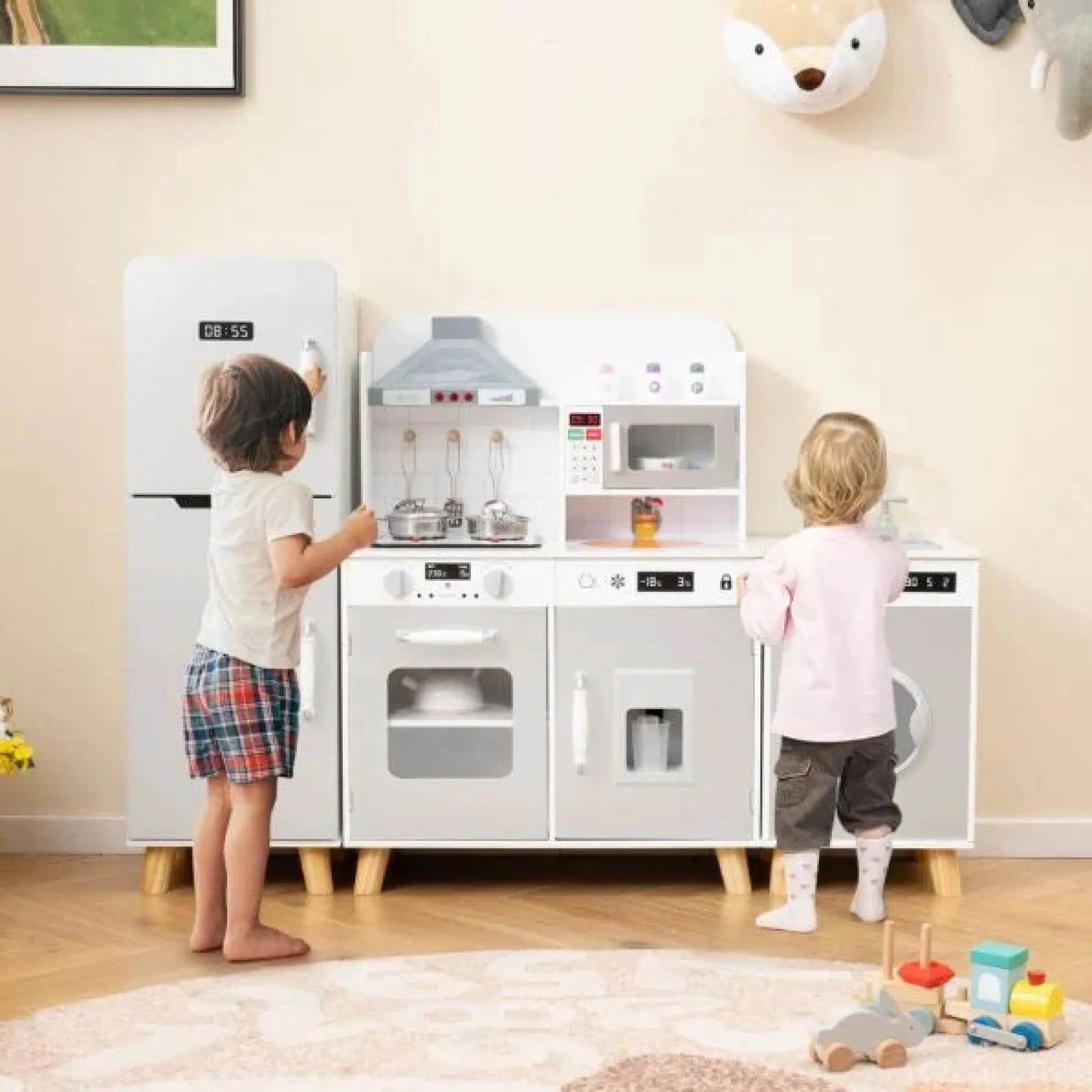 Little Helper Deluxe Montessori Modulare Holzspielzeugküche | Kühlschrank | Waschmaschine | Realistische Lichter Und Geräusche | Zubehör