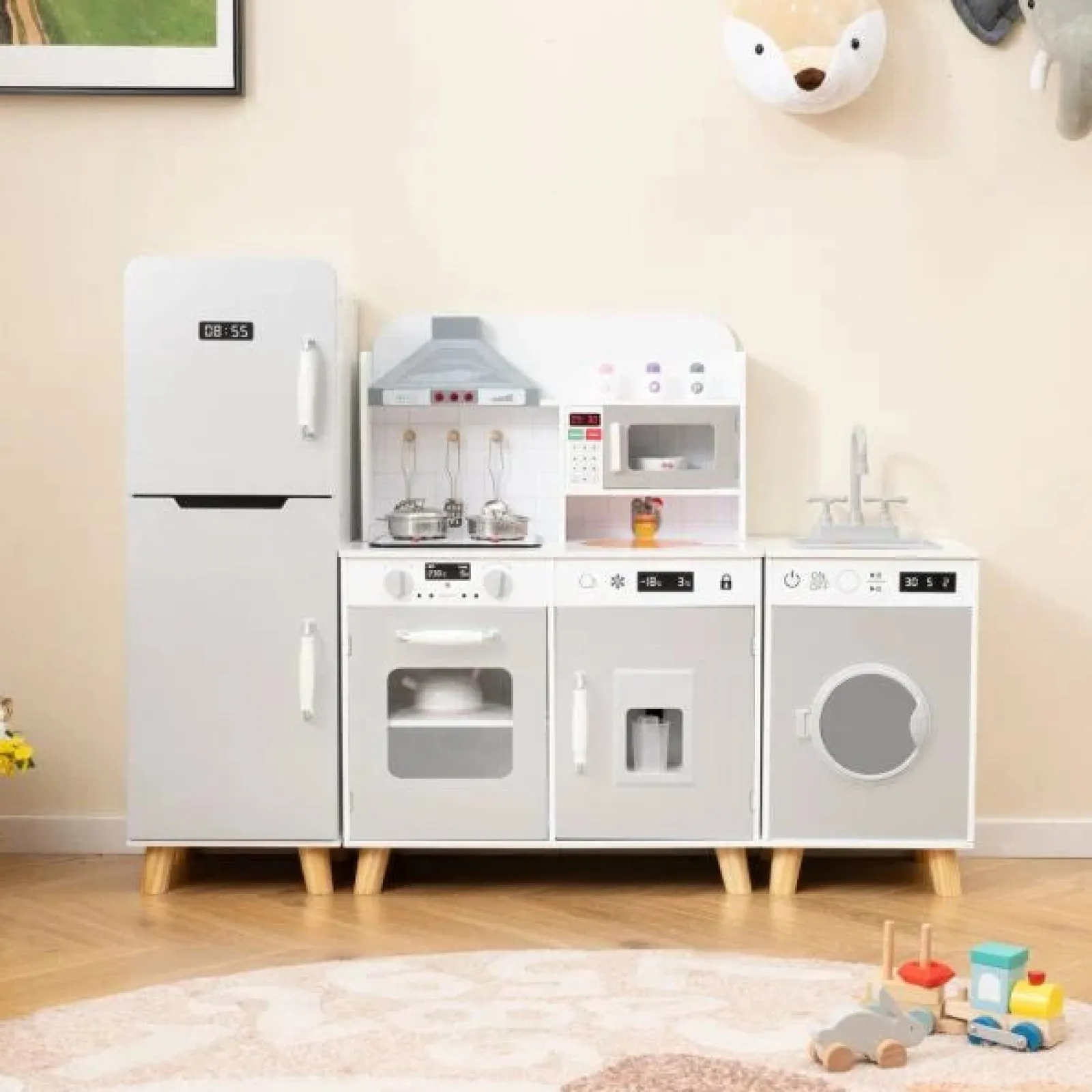 Little Helper Deluxe Montessori Modulare Holzspielzeugküche | Kühlschrank | Waschmaschine | Realistische Lichter Und Geräusche | Zubehör