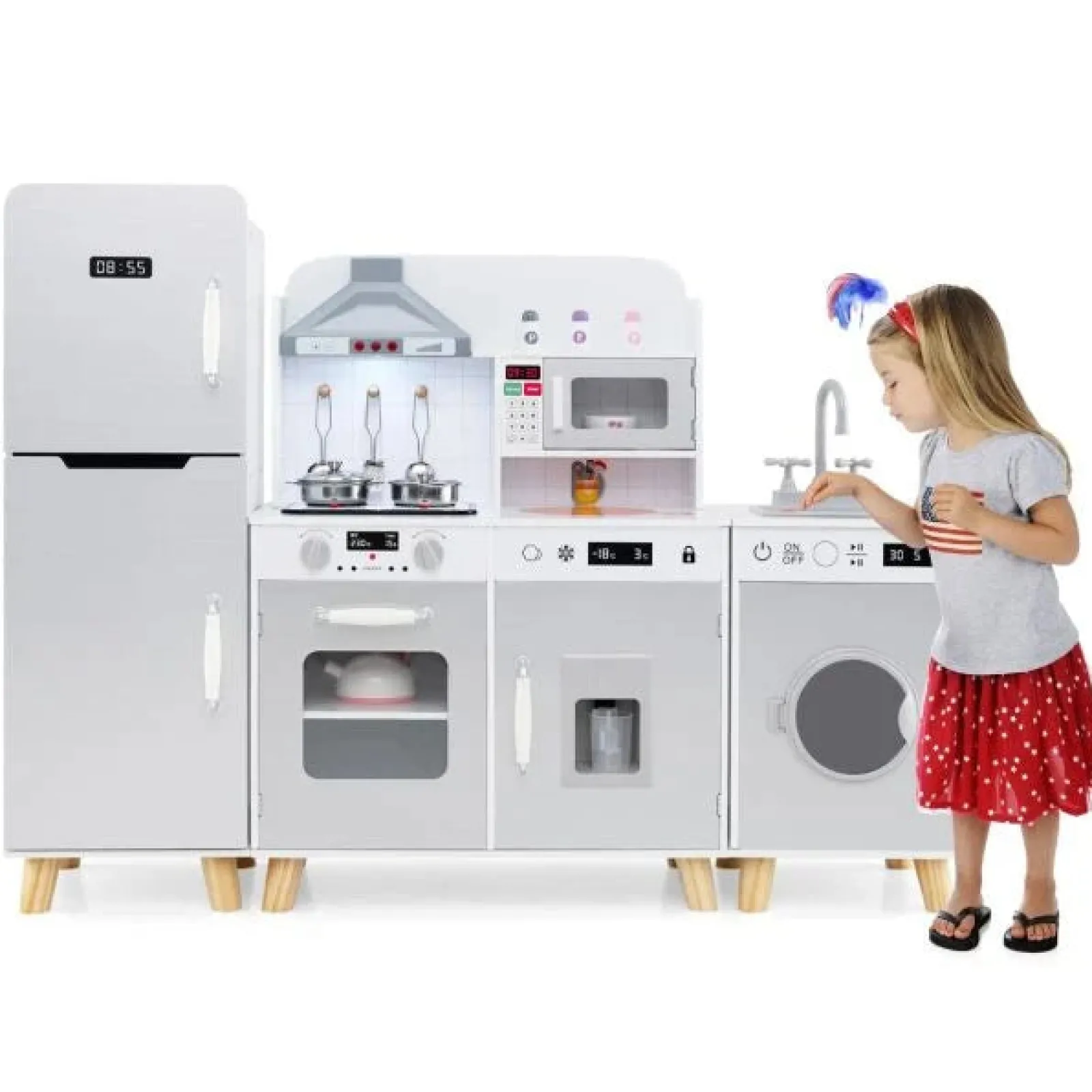 Little Helper Deluxe Montessori Modulare Holzspielzeugküche | Kühlschrank | Waschmaschine | Realistische Lichter Und Geräusche | Zubehör