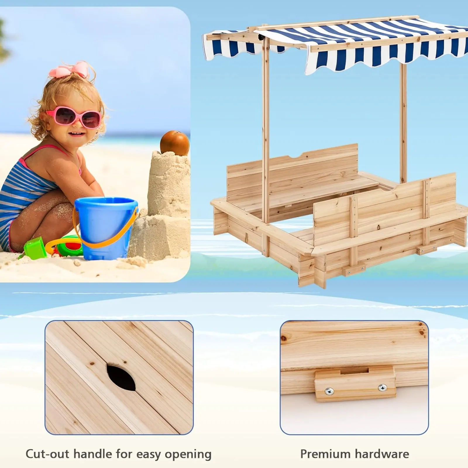 Little Helper Deluxe Montessori Umweltbewusster, robuster Sandkasten aus Zedernholz mit Bank und Baldachin | 3-6 Jahre