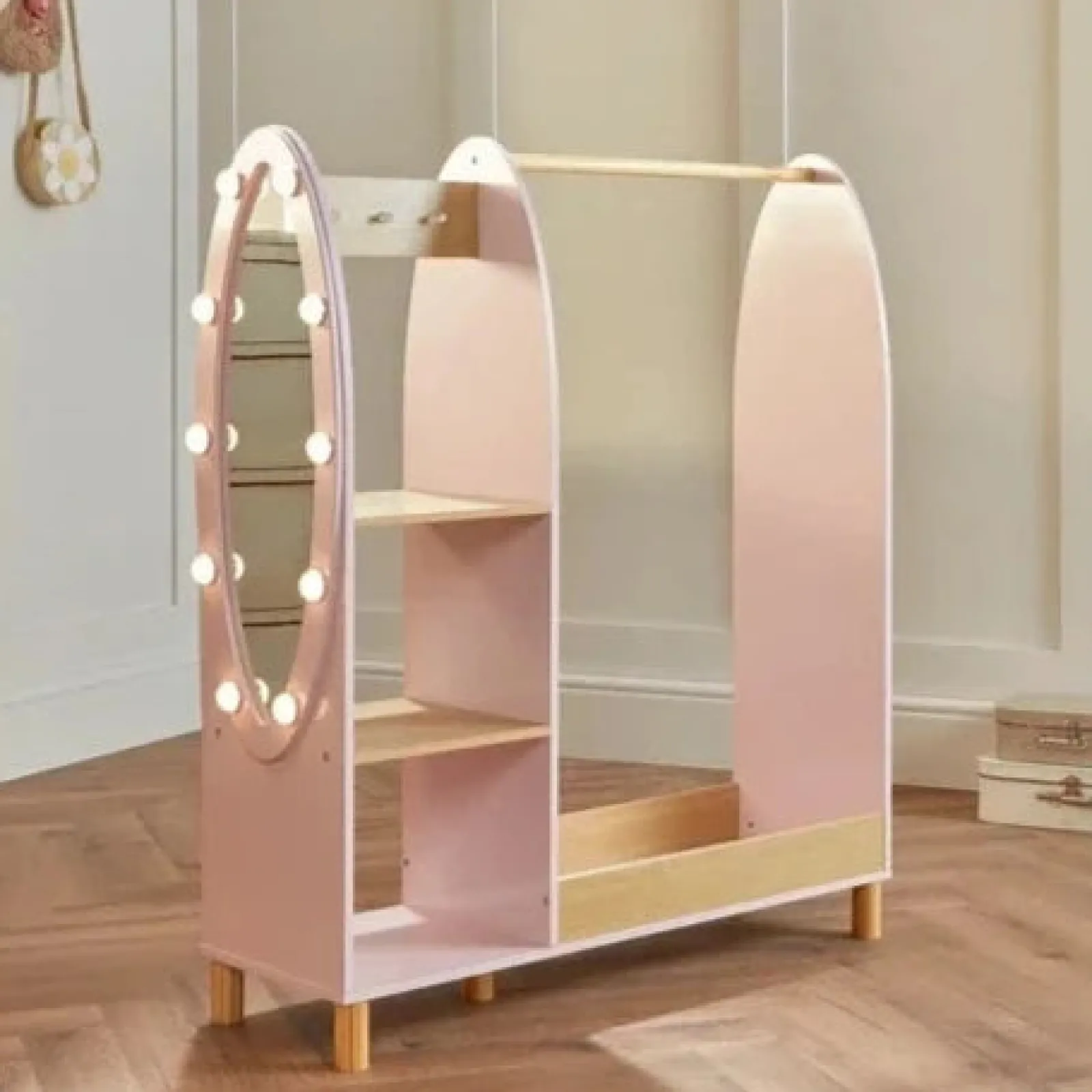 Kinder Little Helper Deluxe Montessori-Ankleidewand | LED-beleuchteter Spiegel und Aufbewahrung | 1,09 m hoch | Prinzessinnenrosa