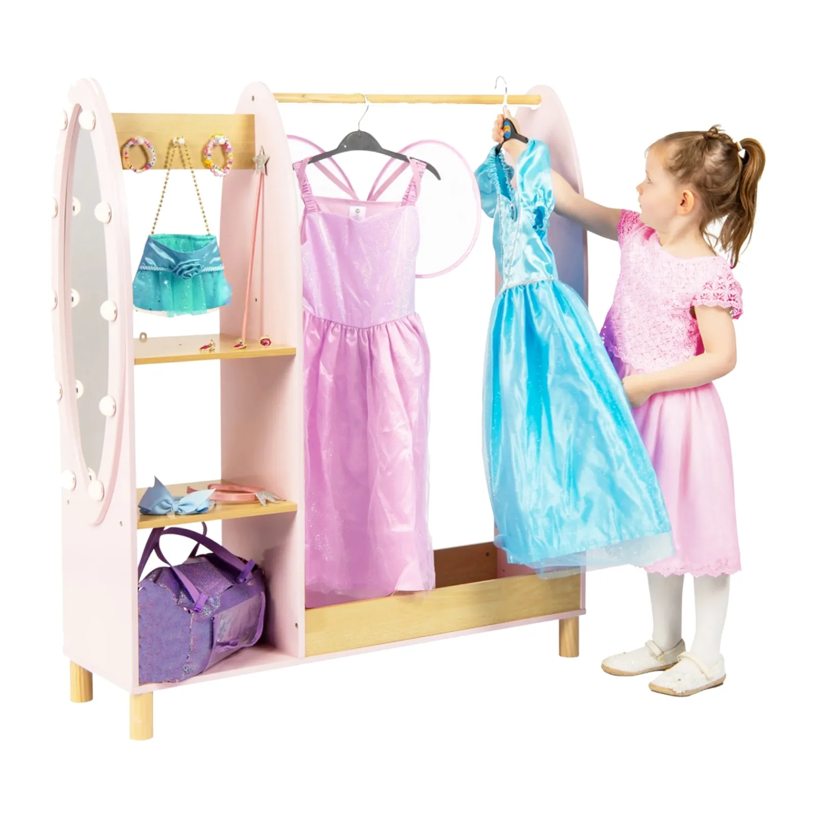 Kinder Little Helper Deluxe Montessori-Ankleidewand | LED-beleuchteter Spiegel und Aufbewahrung | 1,09 m hoch | Prinzessinnenrosa