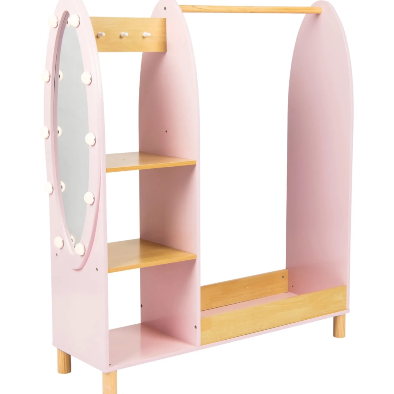 Kinder Little Helper Deluxe Montessori-Ankleidewand | LED-beleuchteter Spiegel und Aufbewahrung | 1,09 m hoch | Prinzessinnenrosa