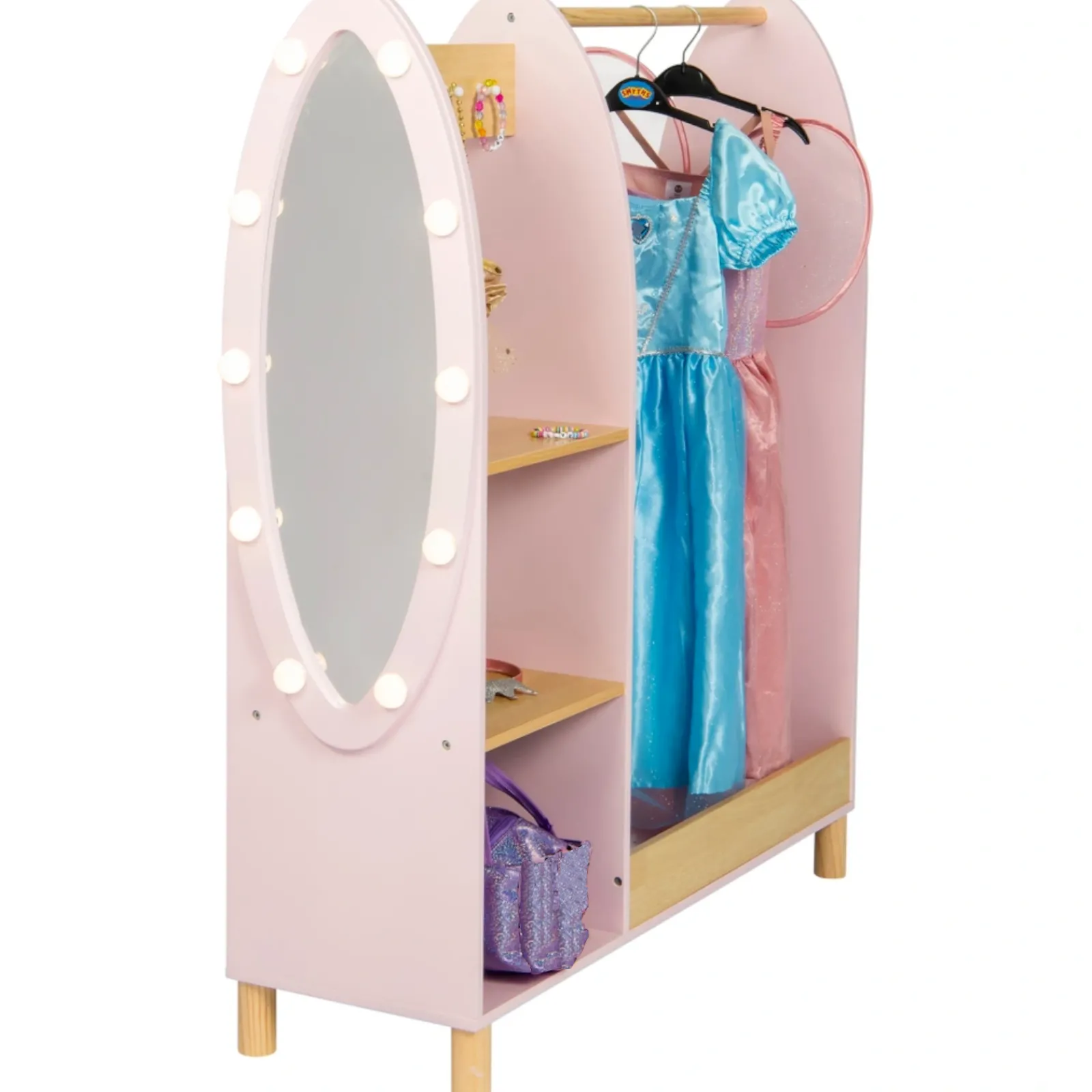 Kinder Little Helper Deluxe Montessori-Ankleidewand | LED-beleuchteter Spiegel und Aufbewahrung | 1,09 m hoch | Prinzessinnenrosa
