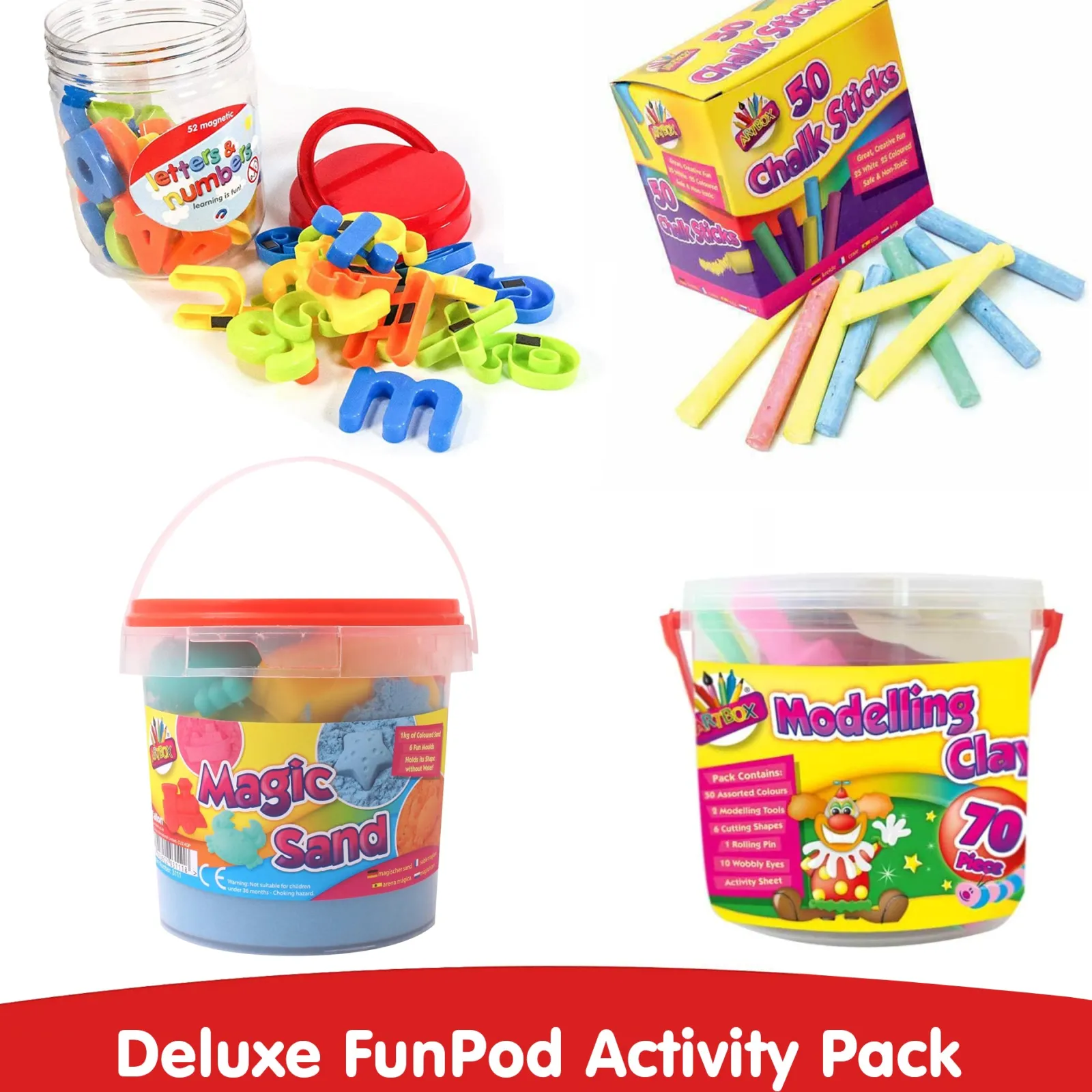 Kinder Little Helper Deluxe-Aktivitätspaket | 70 Stück Modelliermasse | 1kg Zaubersand | magnetische Buchstaben und Zahlen | 50 Stück Kreiden
