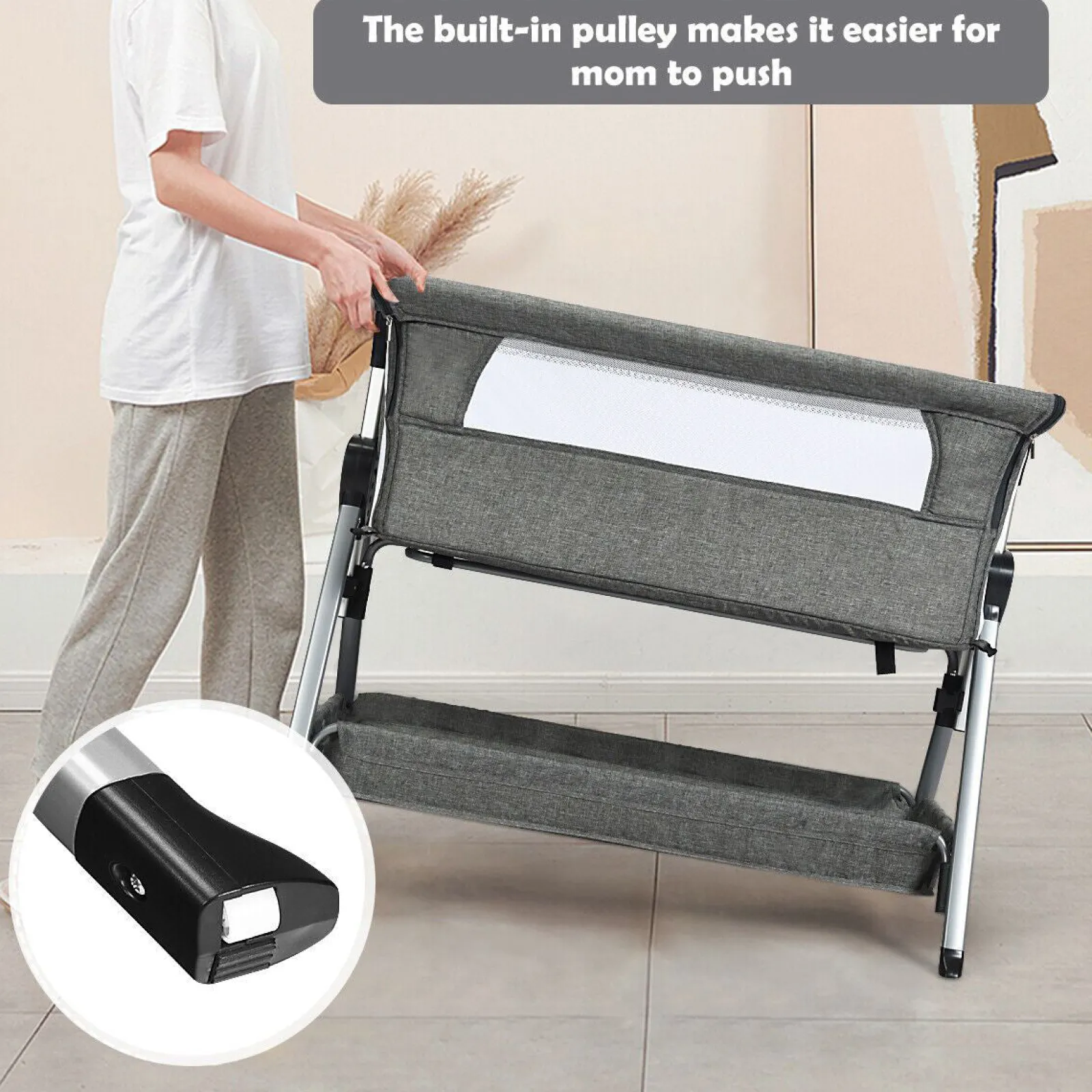 Kinder Little Helper Deluxe-Babybett „Next-to-Me“ | Leinen mit atmungsaktivem Netz | 7 einstellbare Höhen | Räder | 0–12m