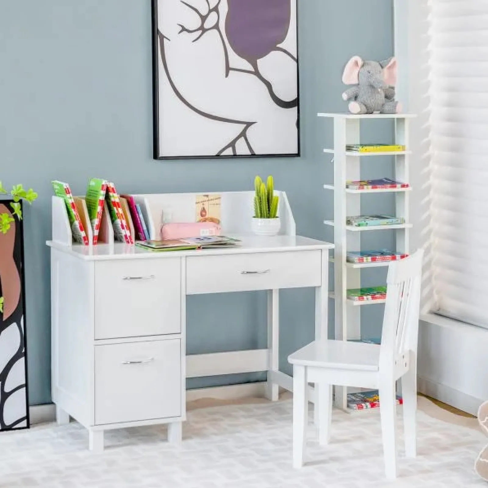 Kinder Little Helper Deluxe-Hausaufgabenschreibtisch Zur Unterstützung Der Wirbelsäule | Büro | Aufbewahrungsschrank Und Stuhl | Weiß | 4-14 Jahre