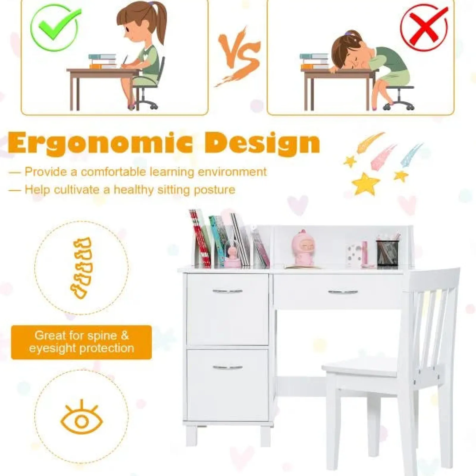 Kinder Little Helper Deluxe-Hausaufgabenschreibtisch Zur Unterstützung Der Wirbelsäule | Büro | Aufbewahrungsschrank Und Stuhl | Weiß | 4-14 Jahre