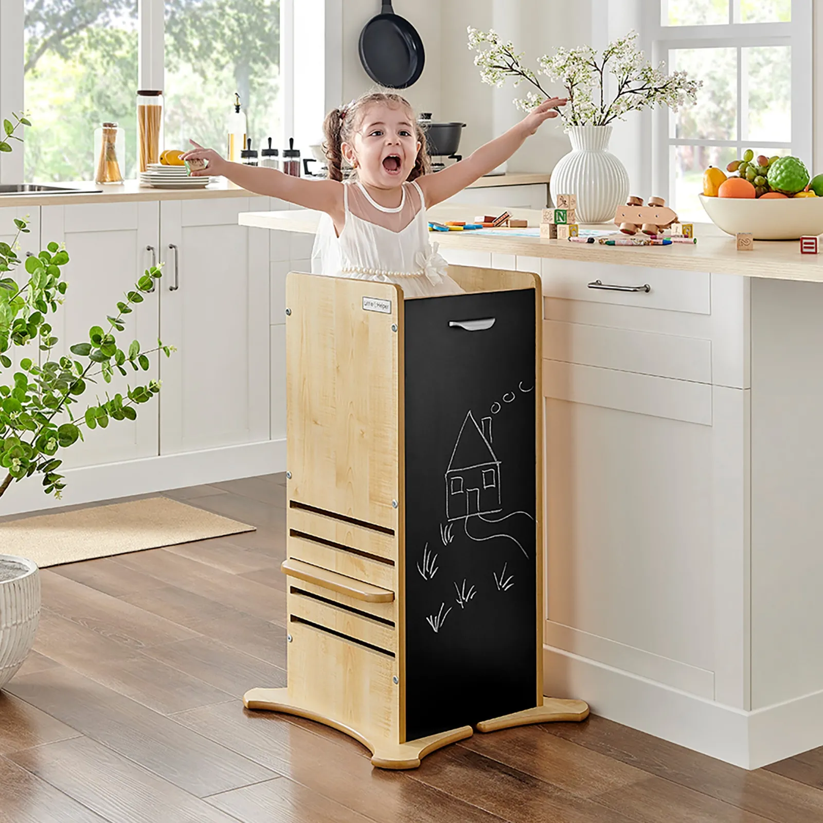 Little Helper Der Original 2-in-1 FunPod Kleinkinderturm | Lernturm | Küchenhelferturm | Tritthocker | Natur mit Tafelplatten