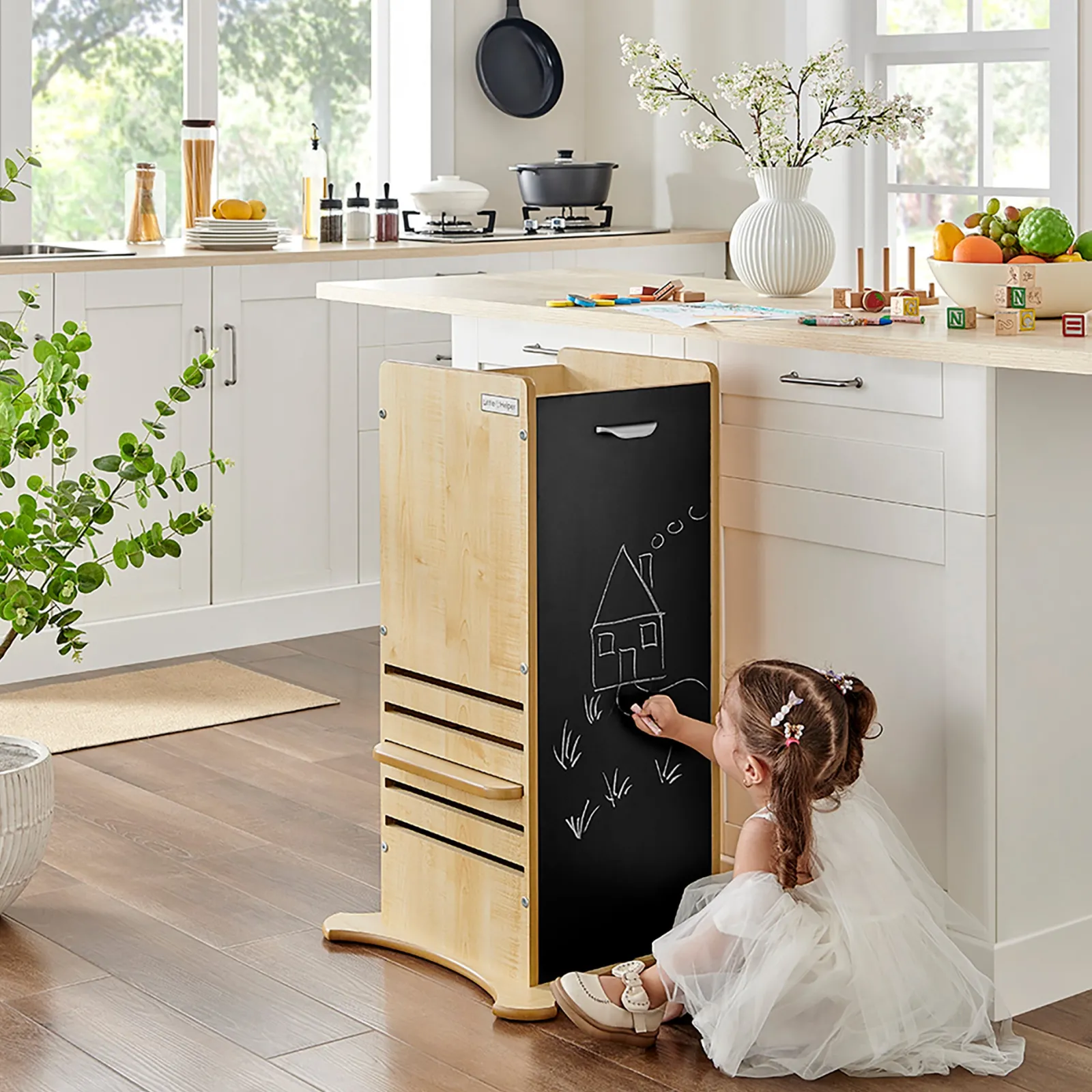 Little Helper Der Original 2-in-1 FunPod Kleinkinderturm | Lernturm | Küchenhelferturm | Tritthocker | Natur mit Tafelplatten