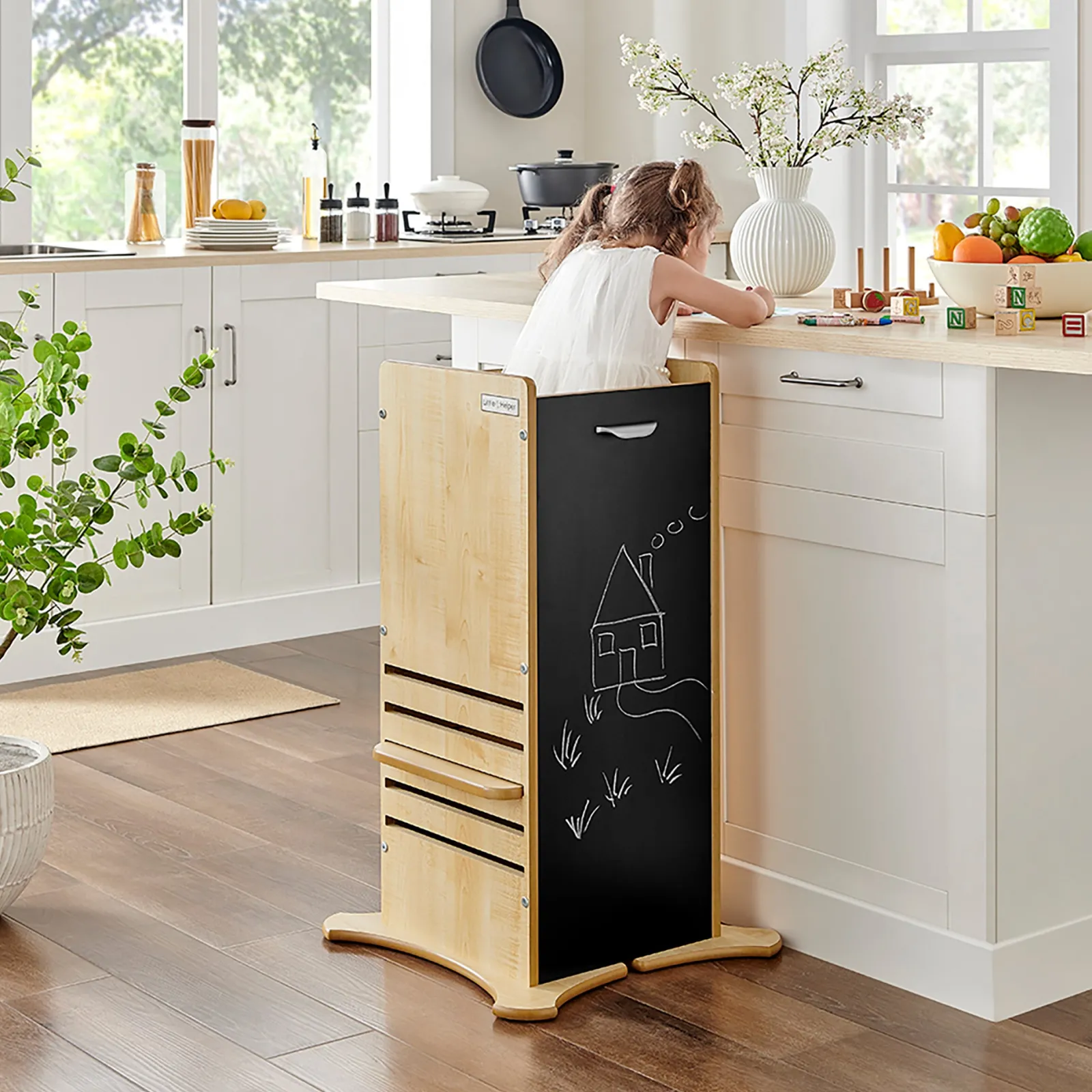 Little Helper Der Original 2-in-1 FunPod Kleinkinderturm | Lernturm | Küchenhelferturm | Tritthocker | Natur mit Tafelplatten