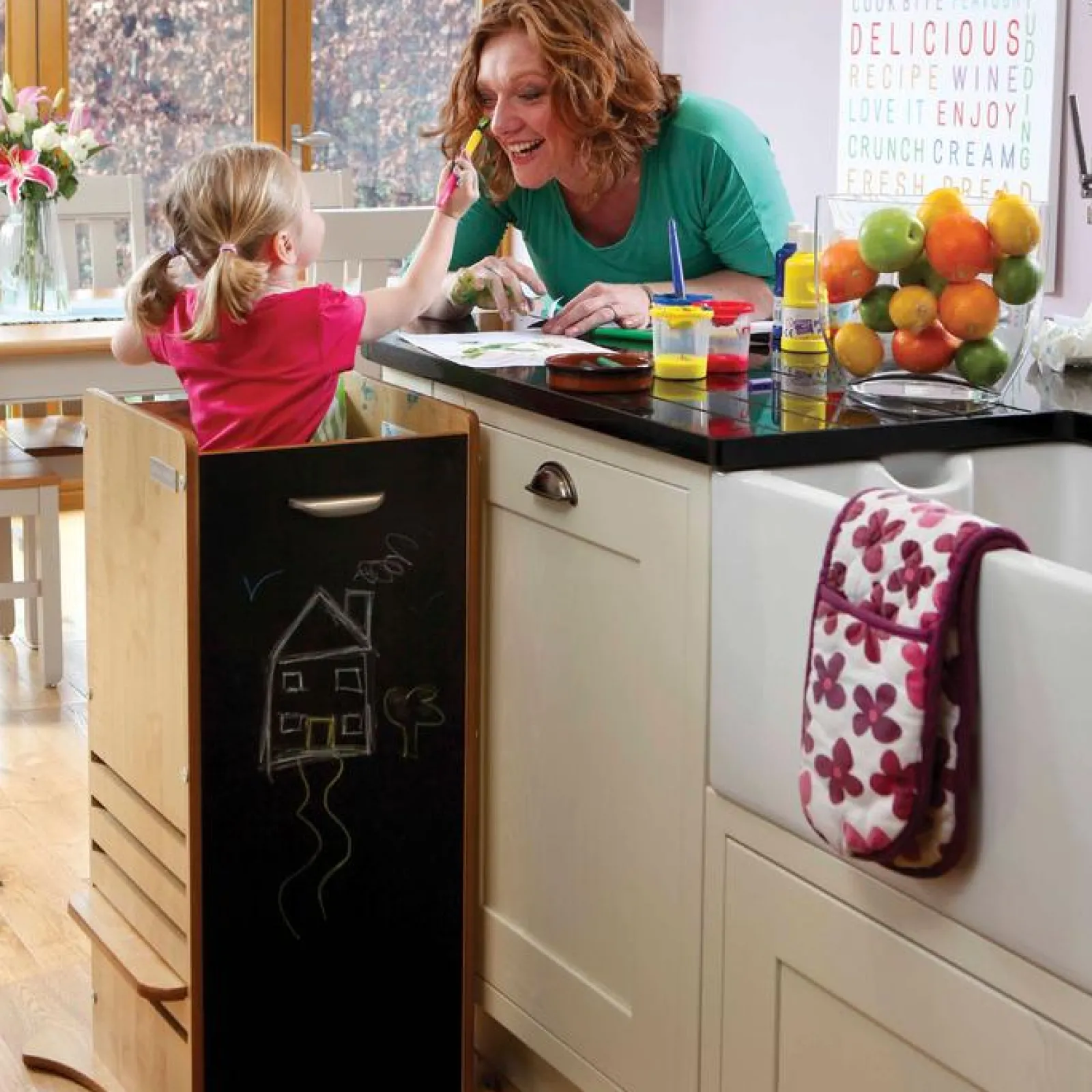 Little Helper Der Original 2-in-1 FunPod Kleinkinderturm | Lernturm | Küchenhelferturm | Tritthocker | Natur mit Tafelplatten