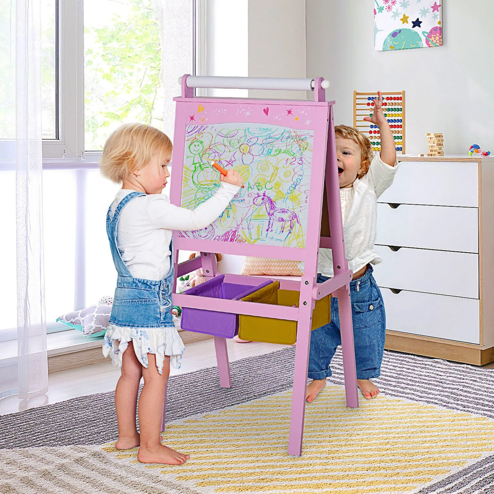 Kinder Little Helper Doppelseitige Deluxe-Staffelei Aus Holz Für Kinder | Tafel | Papierrolle | Rosa | Ab 3 Jahren