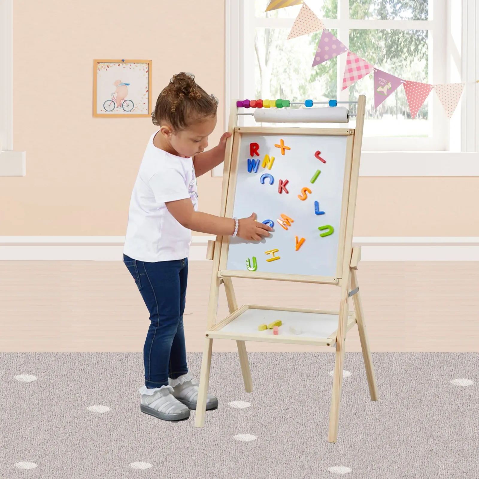Kinder Little Helper Doppelseitige 4-in-1-Staffelei aus Holz für Kinder | Papierrolle | Zählperlen | 35-teiliges Zubehör | Ab 3 Jahren