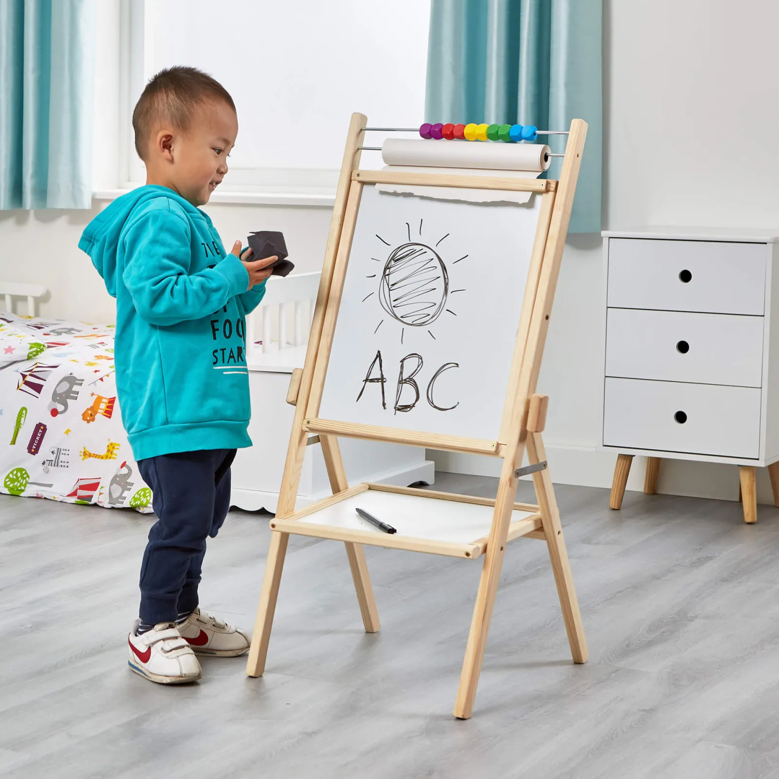 Kinder Little Helper Doppelseitige 4-in-1-Staffelei aus Holz für Kinder | Papierrolle | Zählperlen | 35-teiliges Zubehör | Ab 3 Jahren
