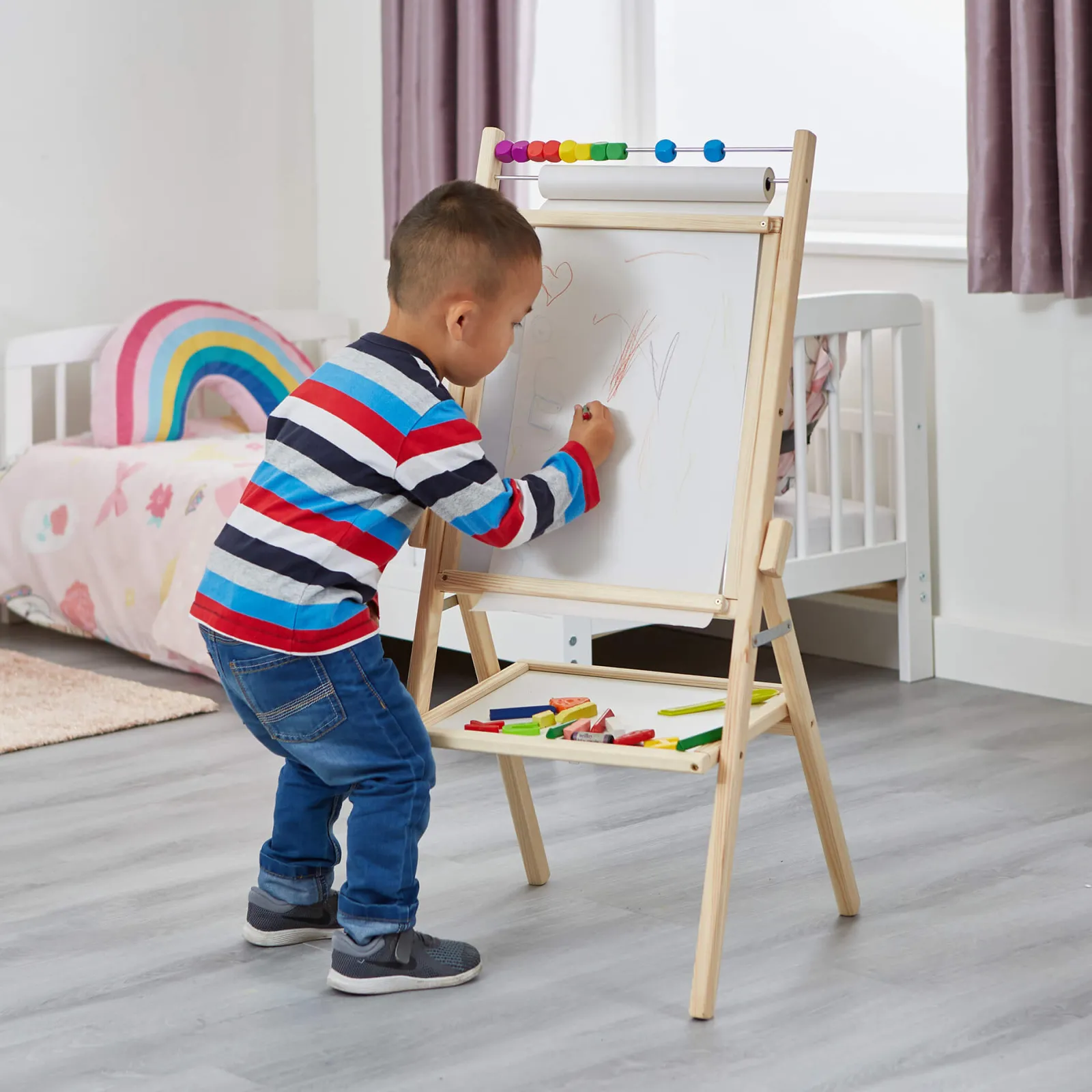 Kinder Little Helper Doppelseitige 4-in-1-Staffelei aus Holz für Kinder | Papierrolle | Zählperlen | 35-teiliges Zubehör | Ab 3 Jahren