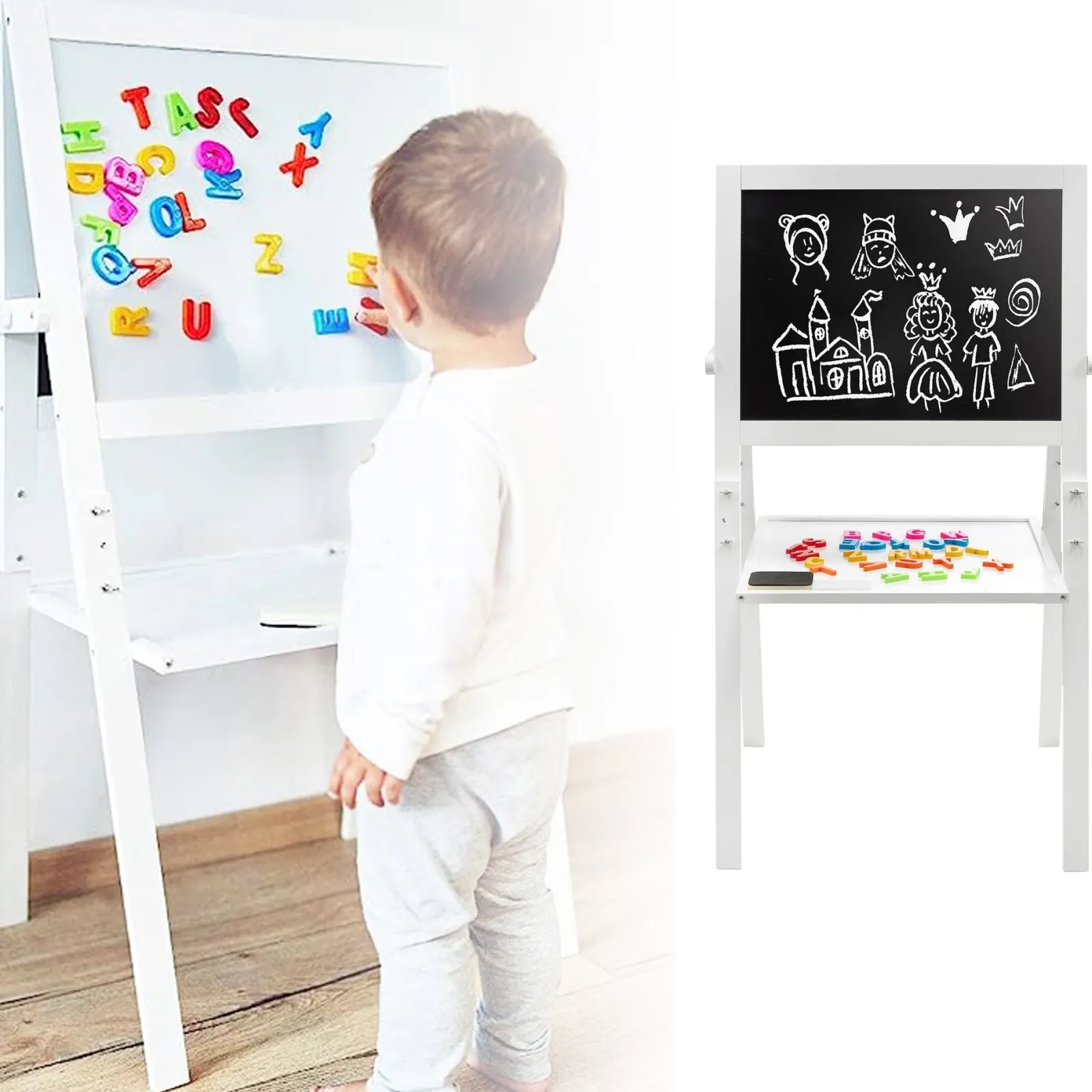 Kinder Little Helper Doppelseitige Montessori-Staffelei aus Holz | Magnetisch | Whiteboard, Magnete und Kreide | Weiß | 98 cm hoch