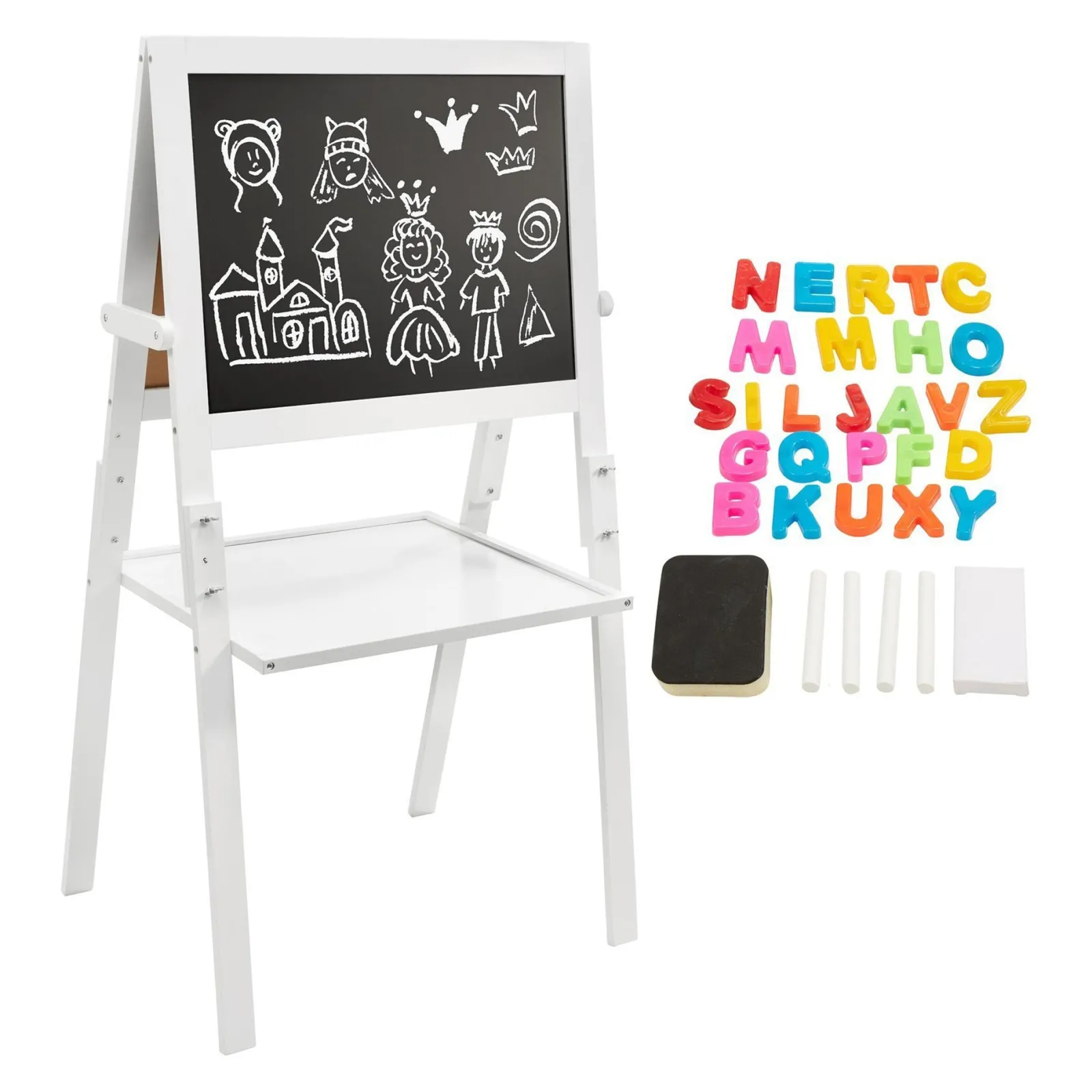 Kinder Little Helper Doppelseitige Montessori-Staffelei aus Holz | Magnetisch | Whiteboard, Magnete und Kreide | Weiß | 98 cm hoch
