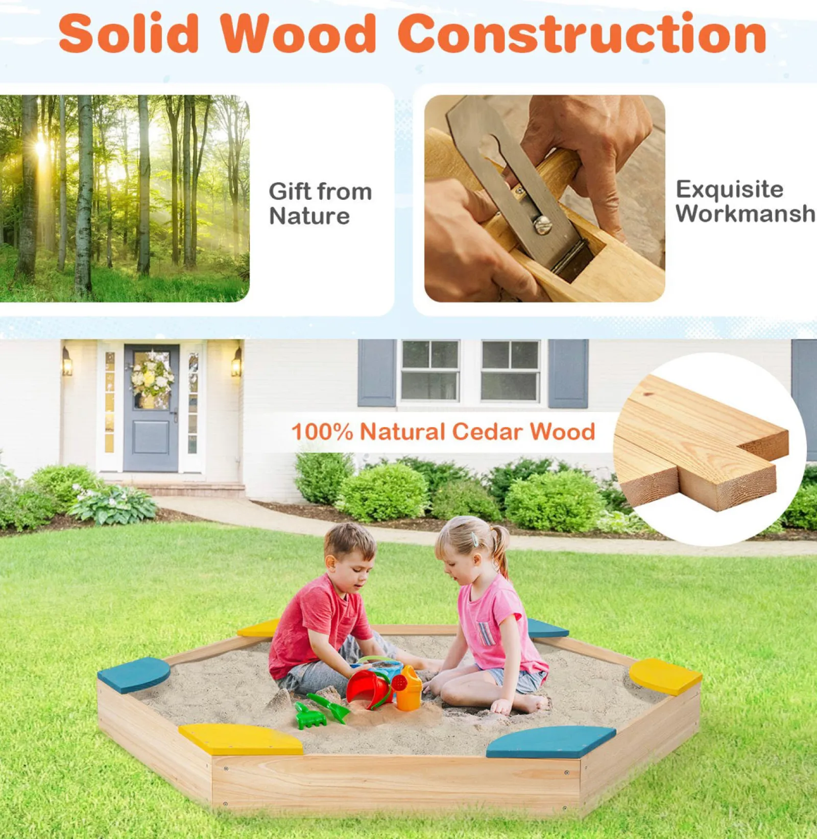 Little Helper Eco FSC Montessori Sandkasten aus Zedernholz | 6 Ecksitze | 140 x 122 cm