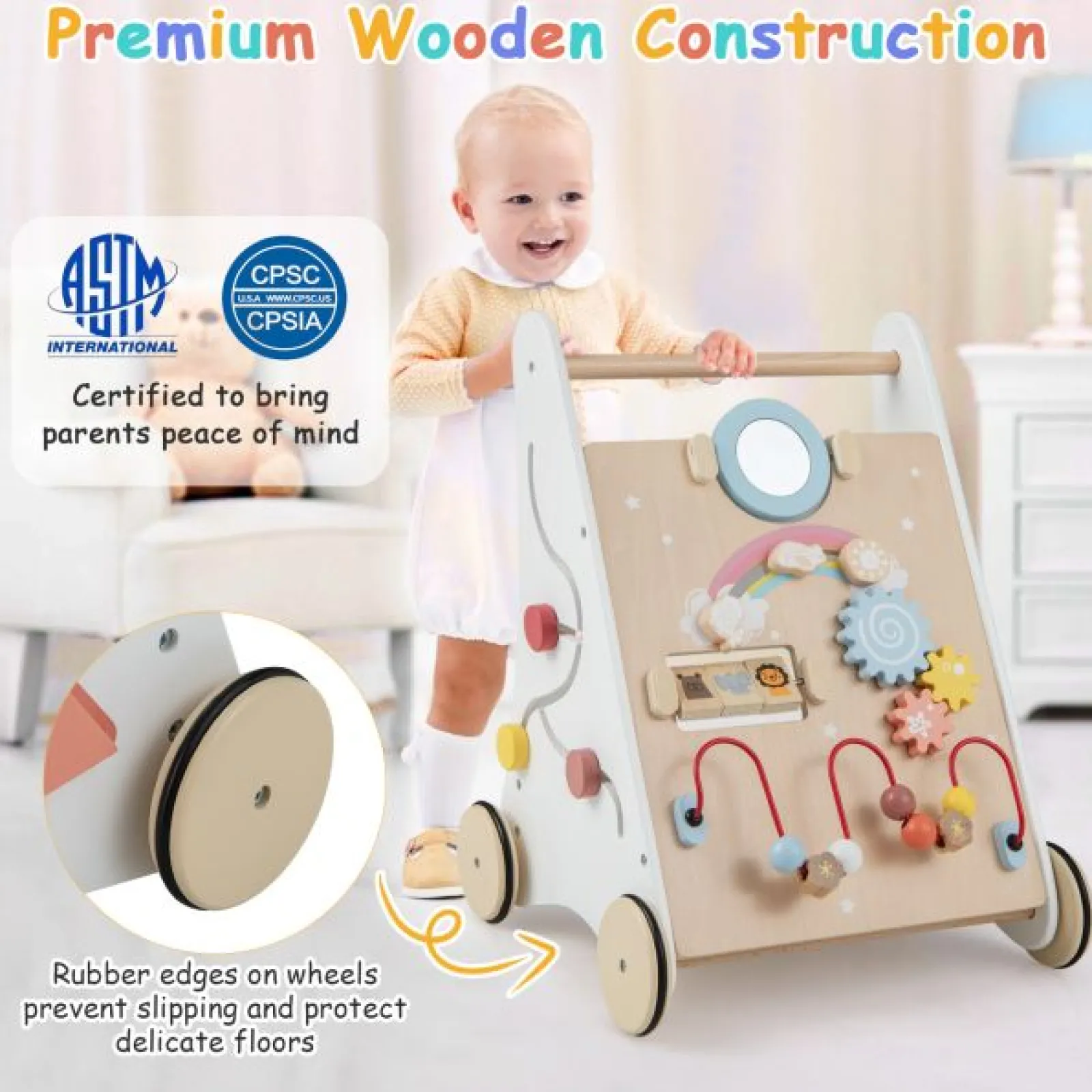 Little Helper Ergonomisch | Haltungsfördernde Lauflernhilfe aus Holz zum Sitzen und Stehen | Mehrere integrierte Spielzeugaktivitäten | 12m+