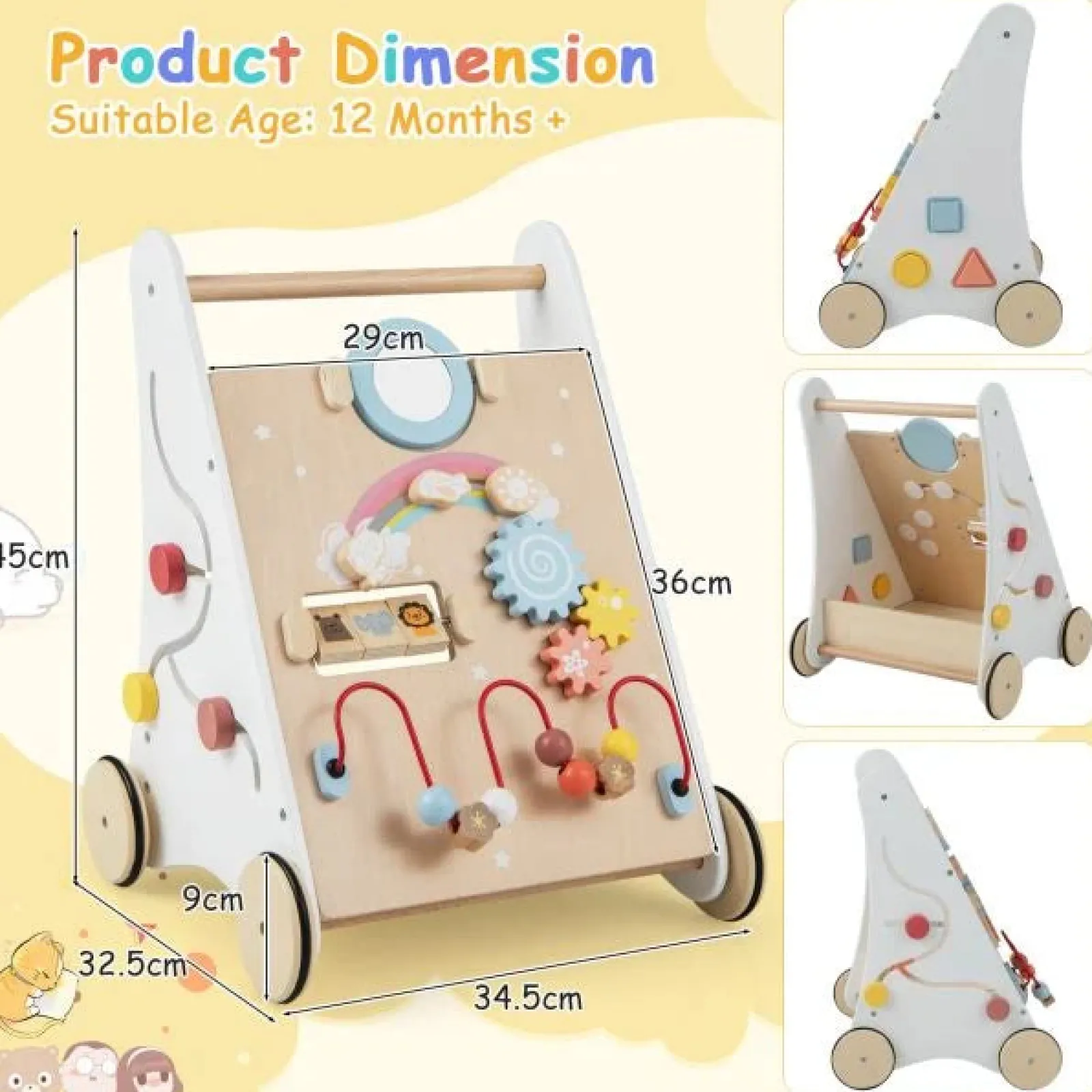 Little Helper Ergonomisch | Haltungsfördernde Lauflernhilfe aus Holz zum Sitzen und Stehen | Mehrere integrierte Spielzeugaktivitäten | 12m+