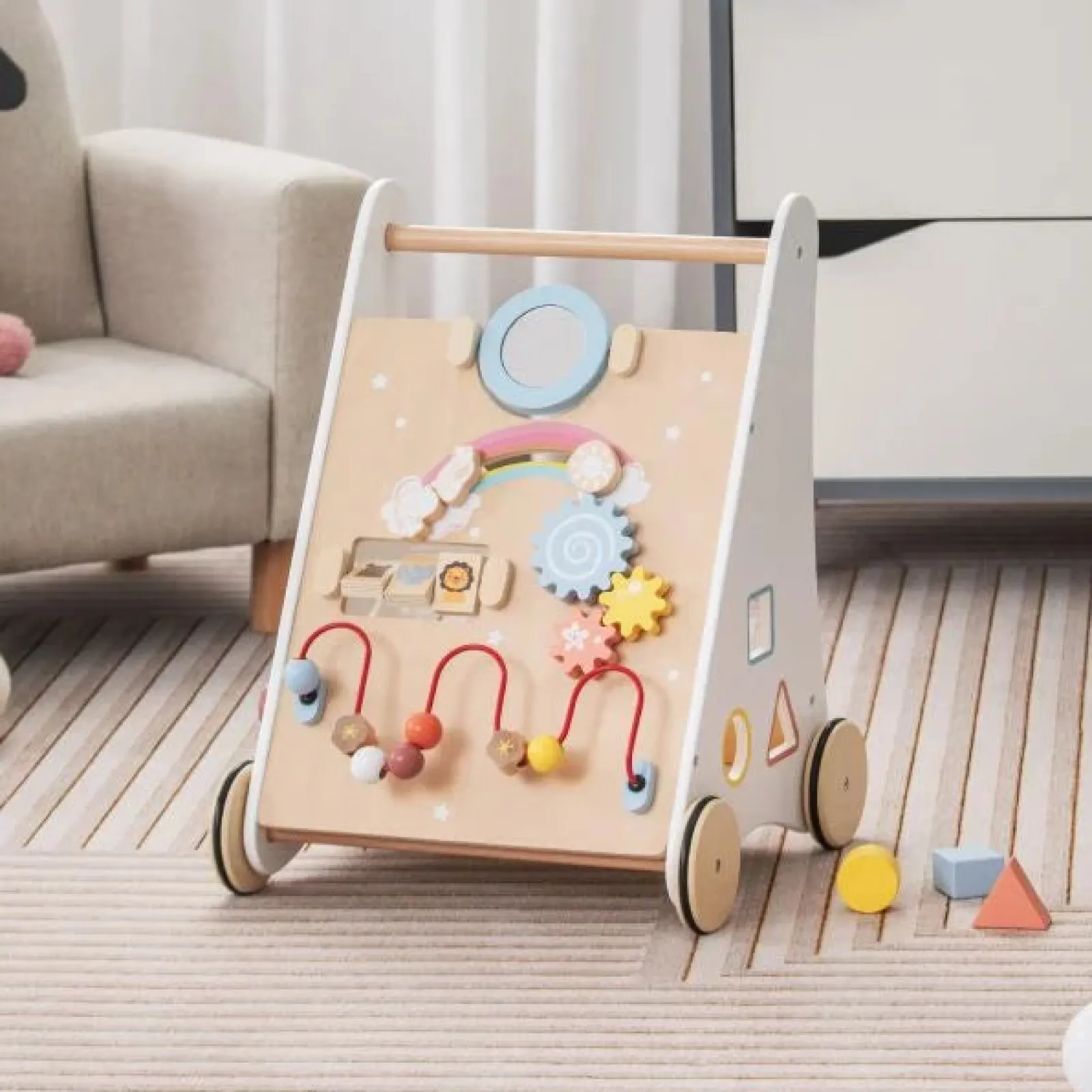 Little Helper Ergonomisch | Haltungsfördernde Lauflernhilfe aus Holz zum Sitzen und Stehen | Mehrere integrierte Spielzeugaktivitäten | 12m+